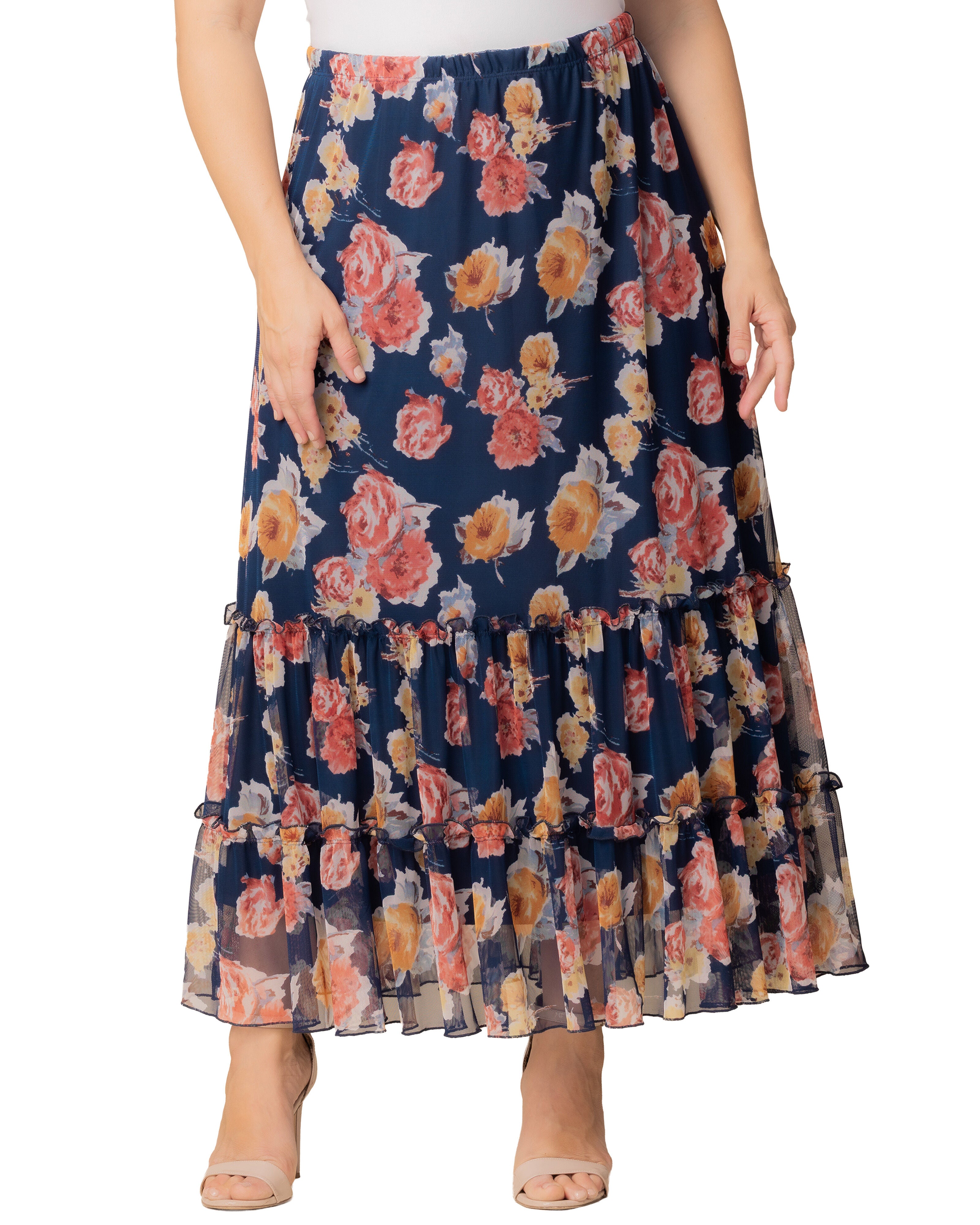 Isla Tiered Mesh Maxi Skirt, BRUSHED FLORALS / Navy, hi-res image number 0