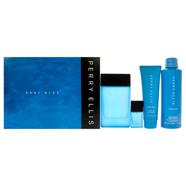 Perry Ellis Pure Blue by Perry Ellis for Men - 4 Pc Gift Set 3.4oz EDT Spray, 3oz Shower Gel, 6oz Deodorant Body Spray, 7.5ml Travel EDT Spray, See Description, hi-res image number 0