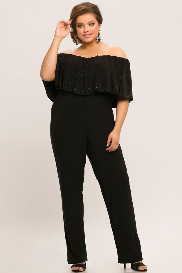 Daytona Plus Size Black Off-the-Shoulder Jumpsuit, Black, hi-res image number null