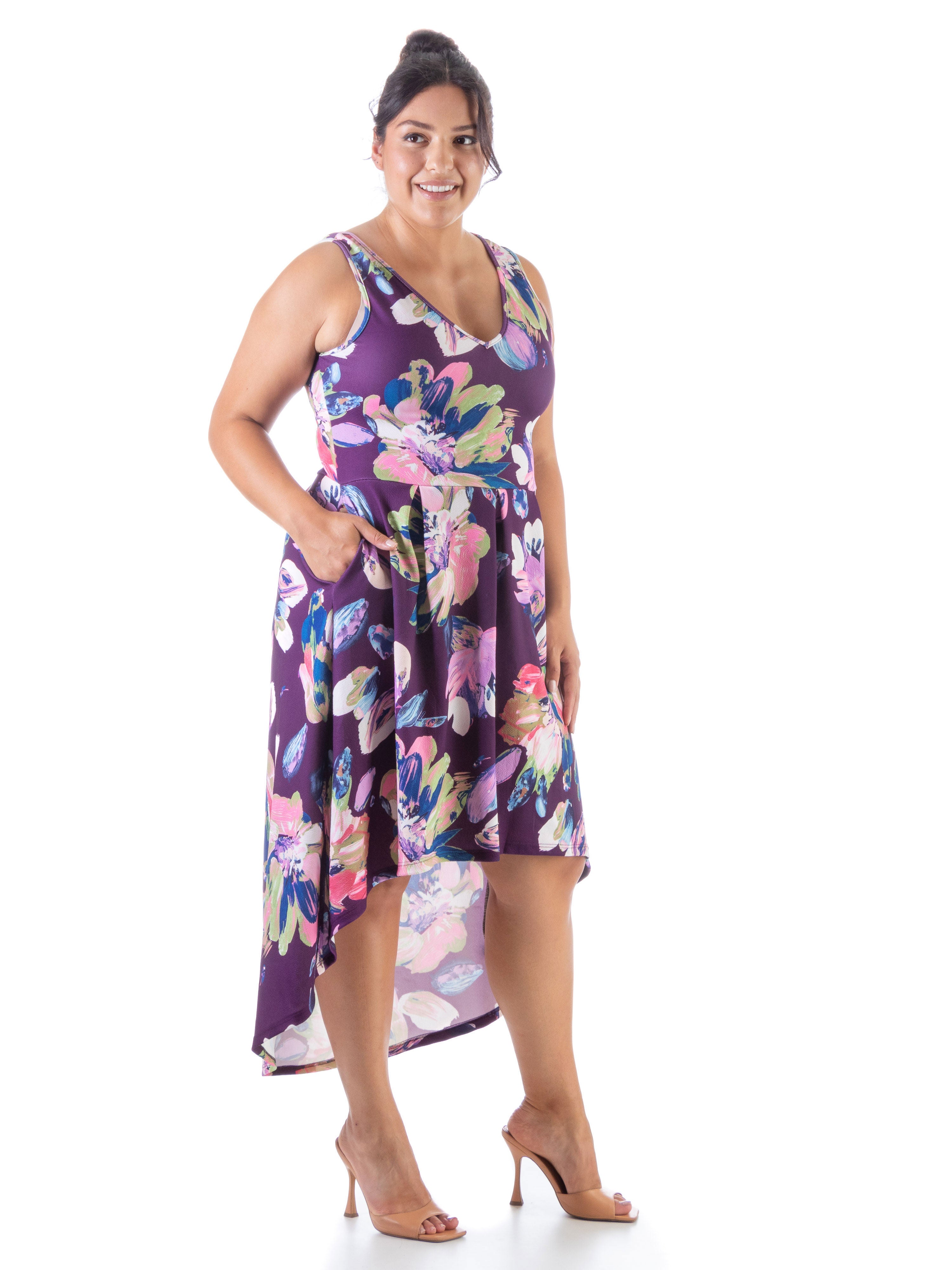 Purple Sleeveless Pleated High Low Plus Size Pocket Dress, , alternate image number 2