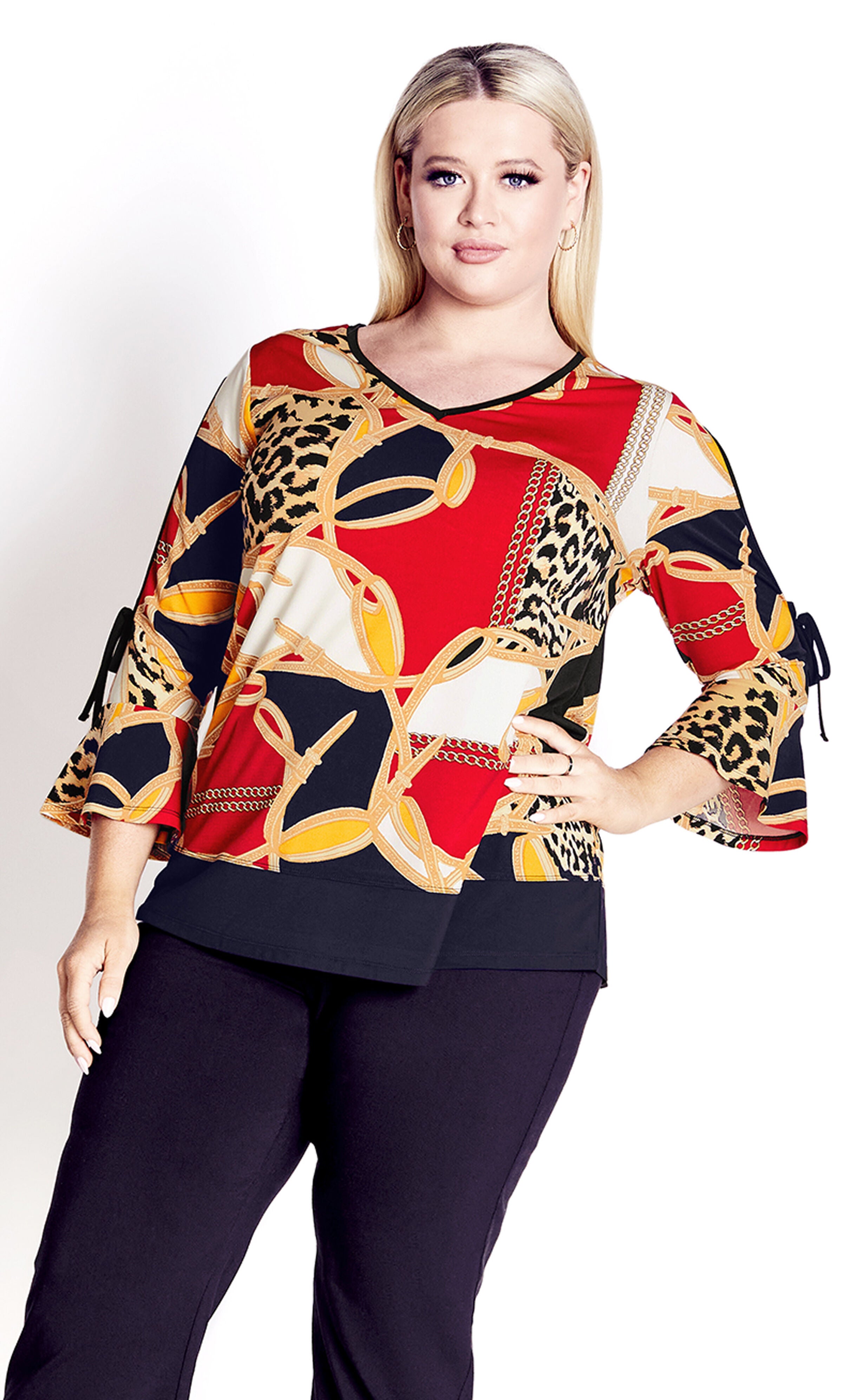 Lara Layered Print Top - red chain, Red, hi-res image number 0