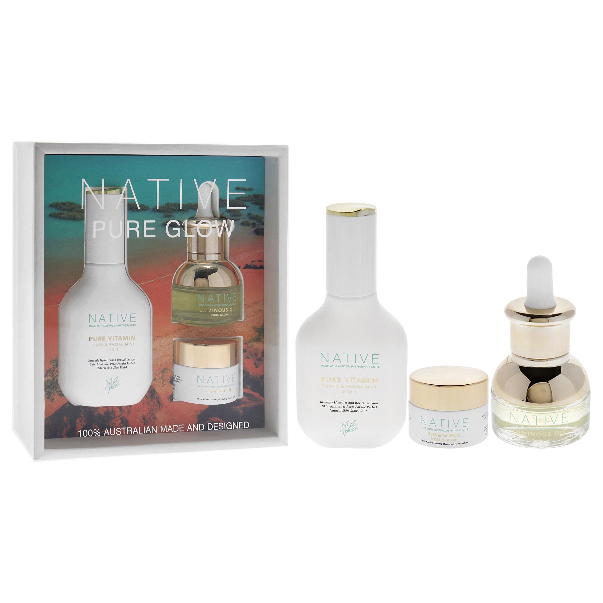 Native Pure Glow Kit by Klara for Women - 3 Pc 1.35 Pure Vitamin Toner and Facial Mist, 0.5oz Vitamin Rich Moisturizer, 0.5oz Luminous Oil Pure Glow, See Description, alternate image number 1