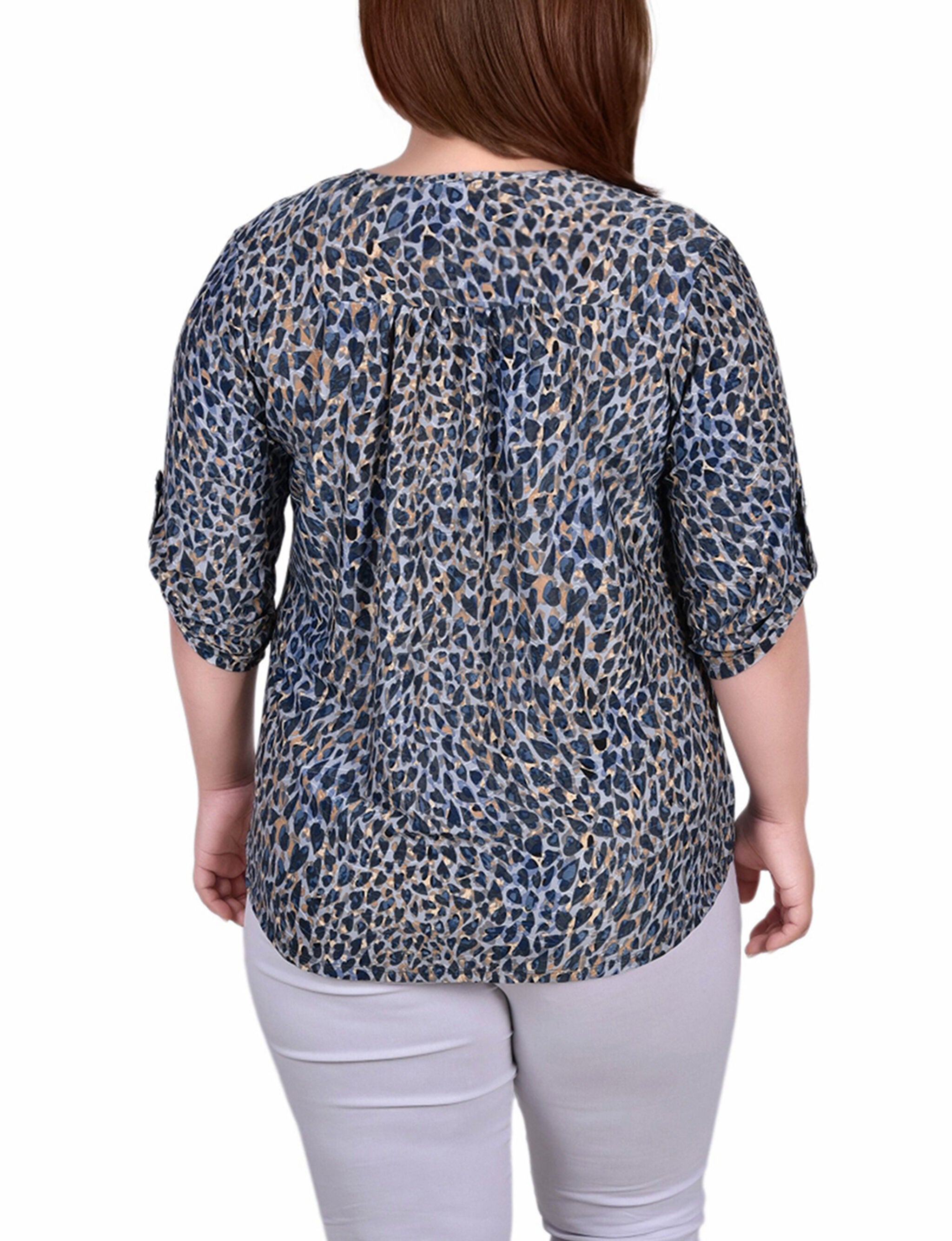 3/4 Roll Tab Zip Front Jacquard Knit Top, Snow Leopard, alternate image number 2
