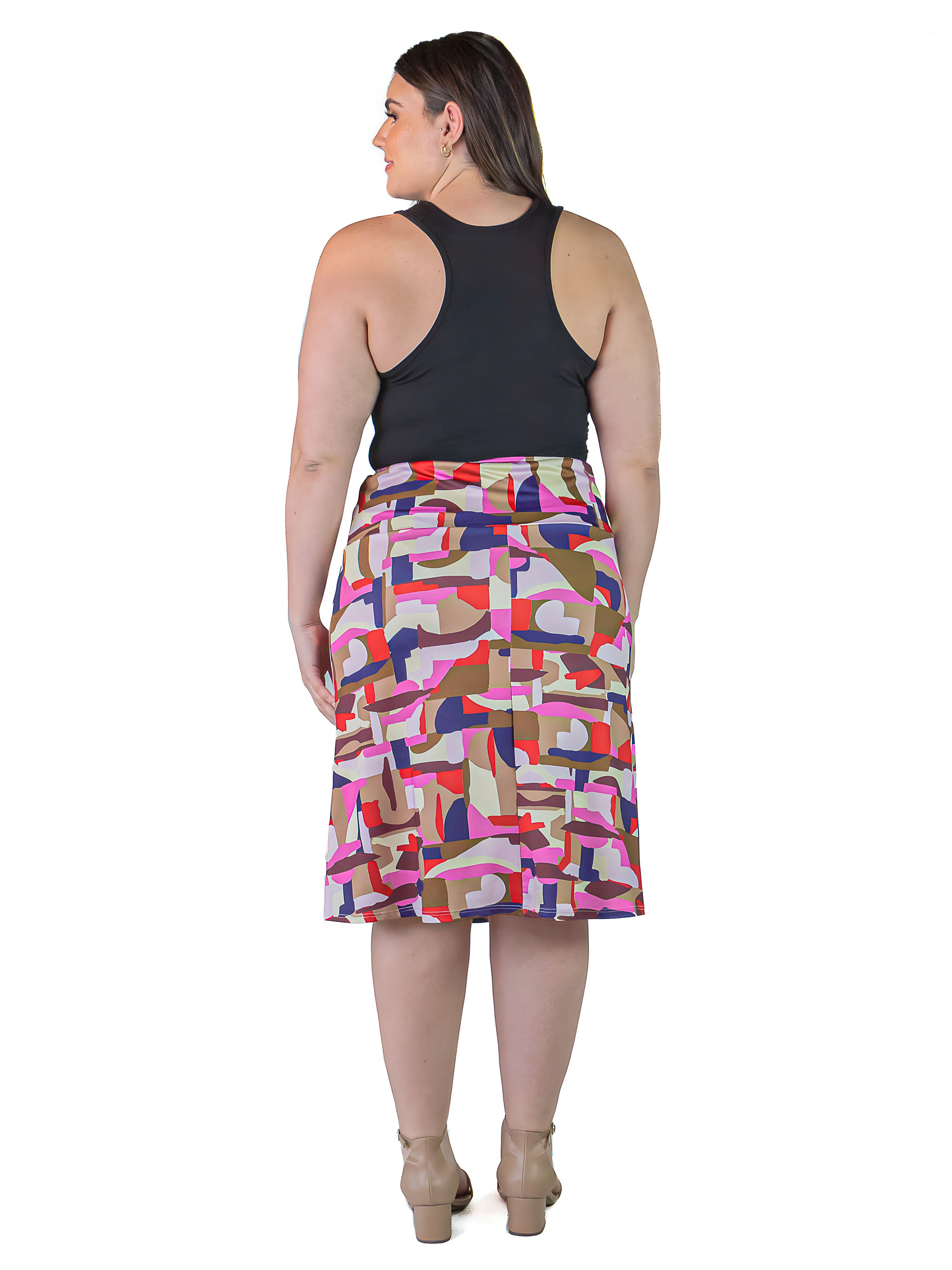Plus Size Multicolor Abstract Print Elastic Waist Below Knee Length Skirt, , alternate image number 1