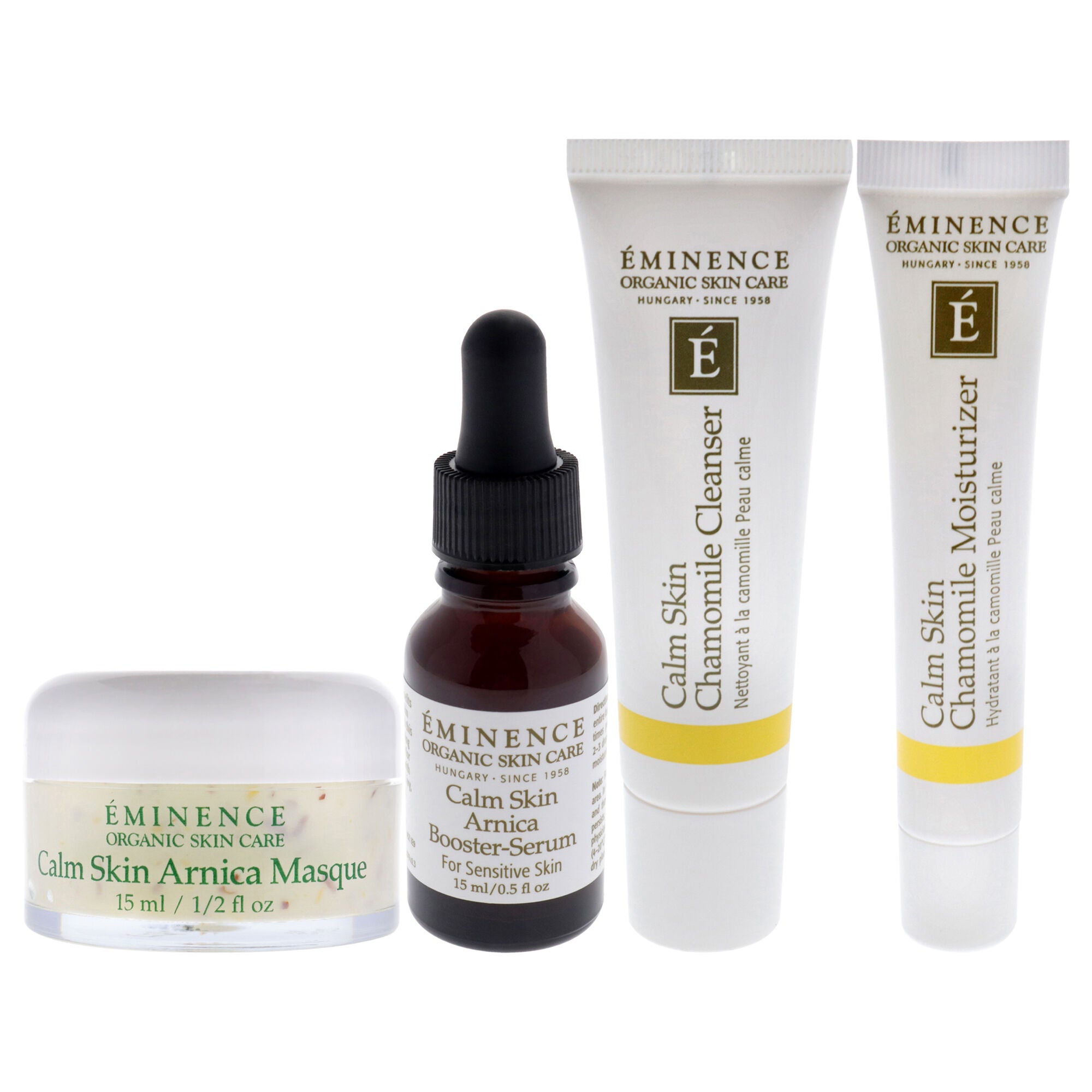 Calm Skin Starter Set by Eminence for Unisex - 5 Pc 1oz Calm Skin Chamomile Cleanser, 0.5oz Calm Skin Chamomile Moisturizer, 0.5oz Calm Skin Arnica Masque, 0.5oz Calm Skin Arnica Booster-Serum, Cosmetic Bag, White, alternate image number 1