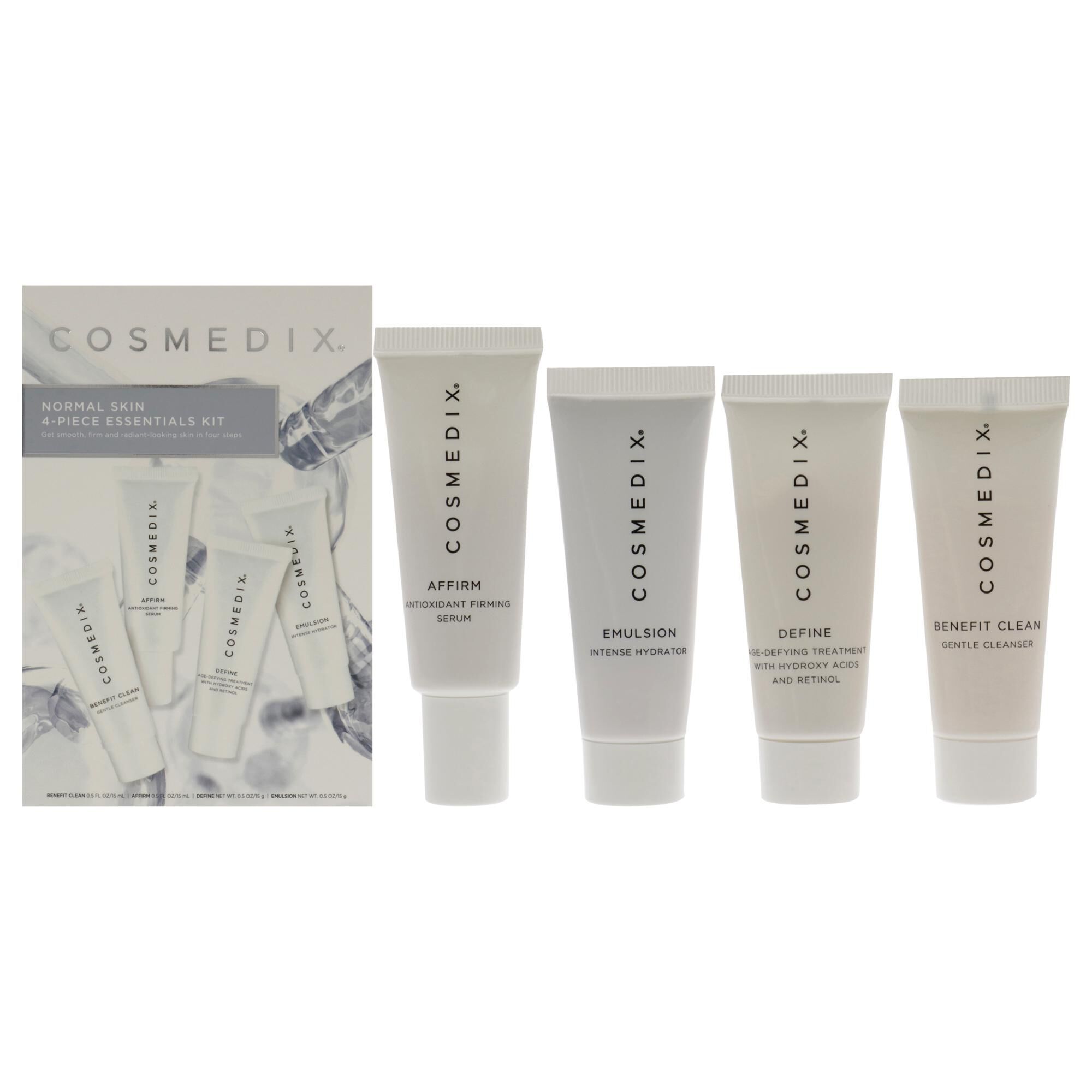 Normal Skin Essentials Kit by Cosmedix for Unisex - 4 Pc 0.5oz Benefit Clean, 0.5oz Affirm, 0.5oz Define, 0.5oz Emulsion, See Description, hi-res image number 0