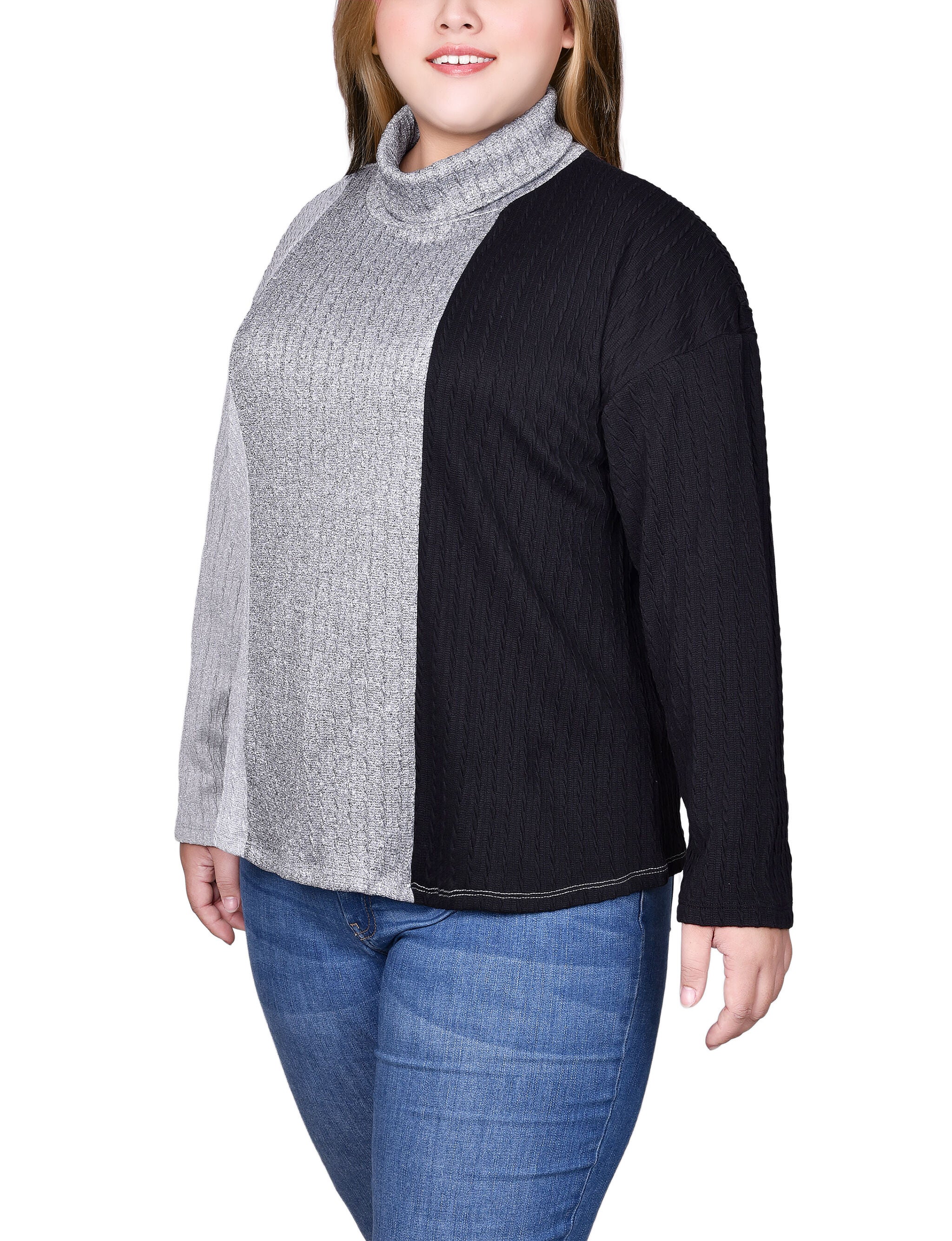 Long Sleeve Colorblocked Top, Black Charcoal Ivor, alternate image number 2