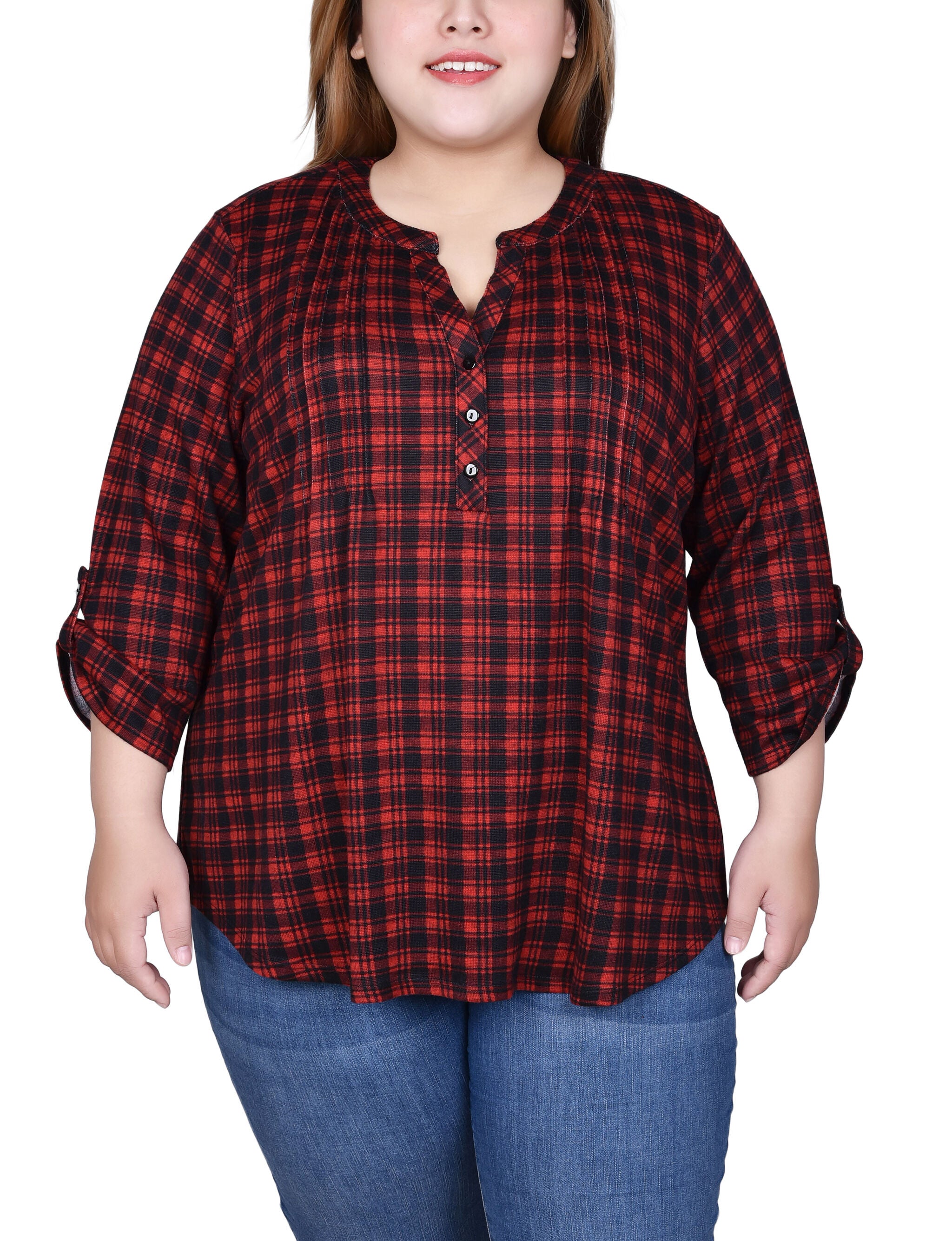 3/4 Roll Sleeve Top, Red Black Plaid, hi-res image number 0