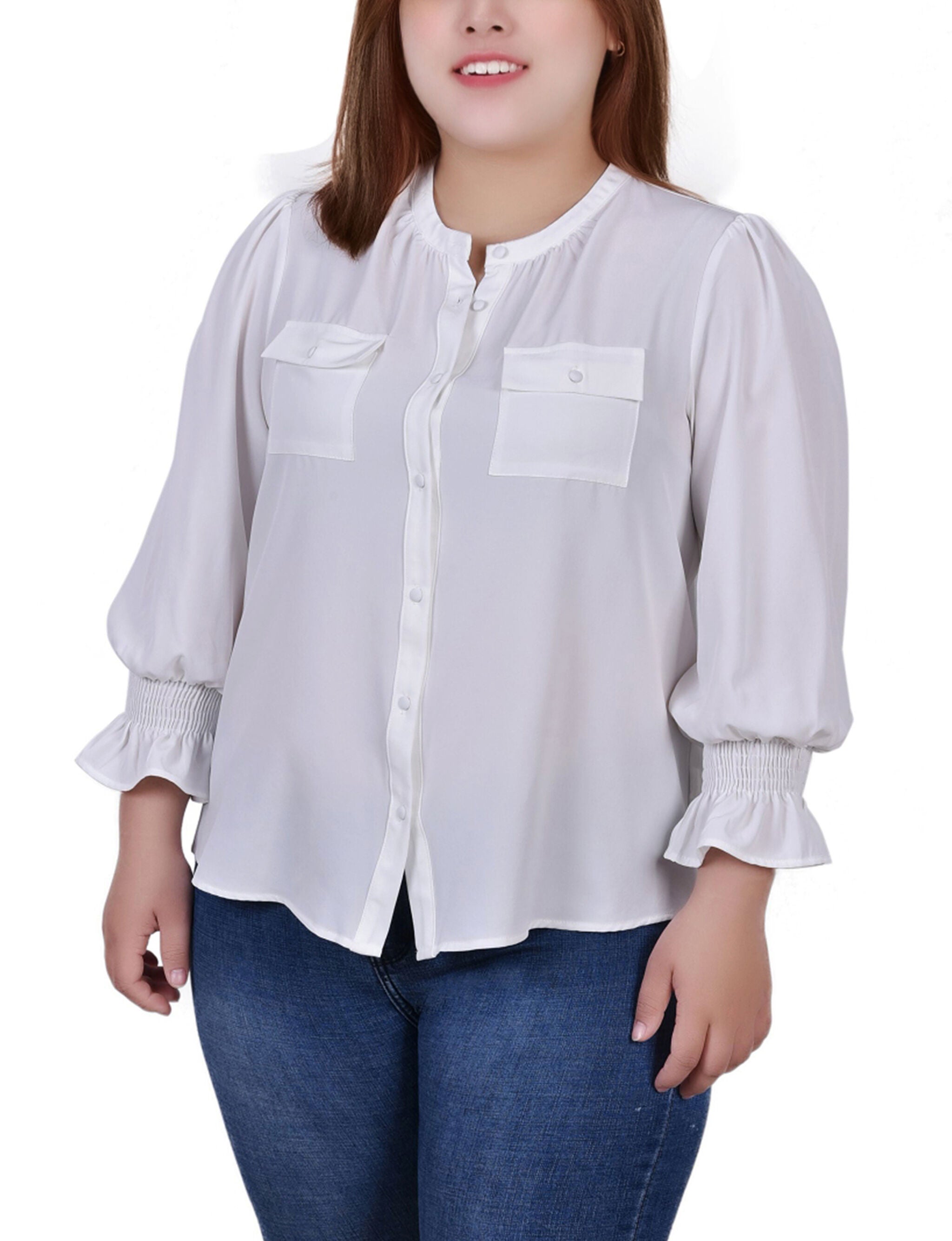 Long Sleeve Y Neck Blouse, White, hi-res image number 0