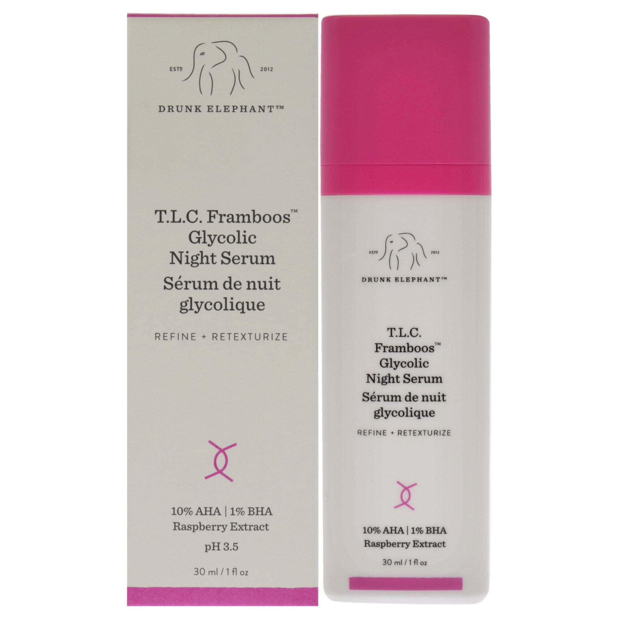 T.L.C. Framboos Glycolic Night Serum by Drunk Elephant for Unisex - 1 oz Serum, See Description, hi-res image number 0