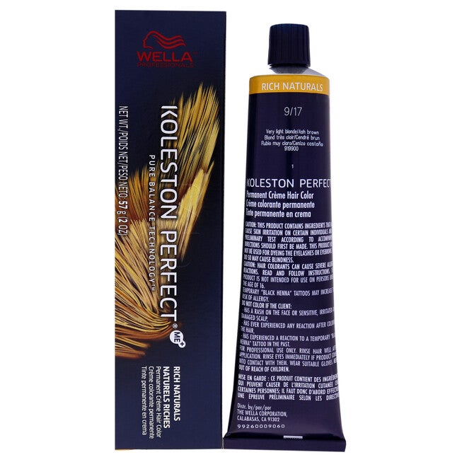 Koleston Perfect Permanent Creme Hair Color - 9 17 Very Light Blonde-Ash Brown by Wella for Unisex - 2 oz Hair Color, See Description, hi-res image number 0