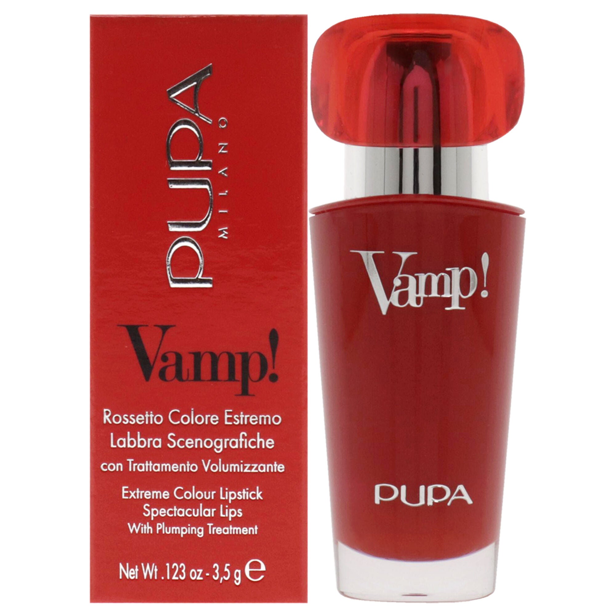 Vamp! Extreme Colour Lipstick with Plumping Treatment - 301 Intense Red by Pupa Milano for Women - 0.123 oz Lipstick, See Description, hi-res image number 0
