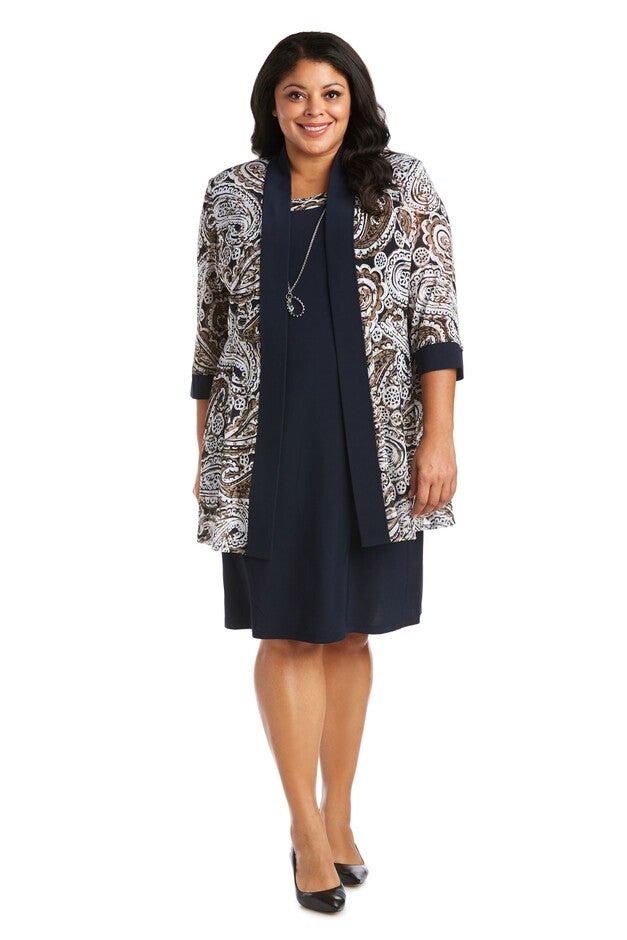 Two-Piece Printed Jacket and Dress Set - Plus, Navy/Taupe, hi-res image number null