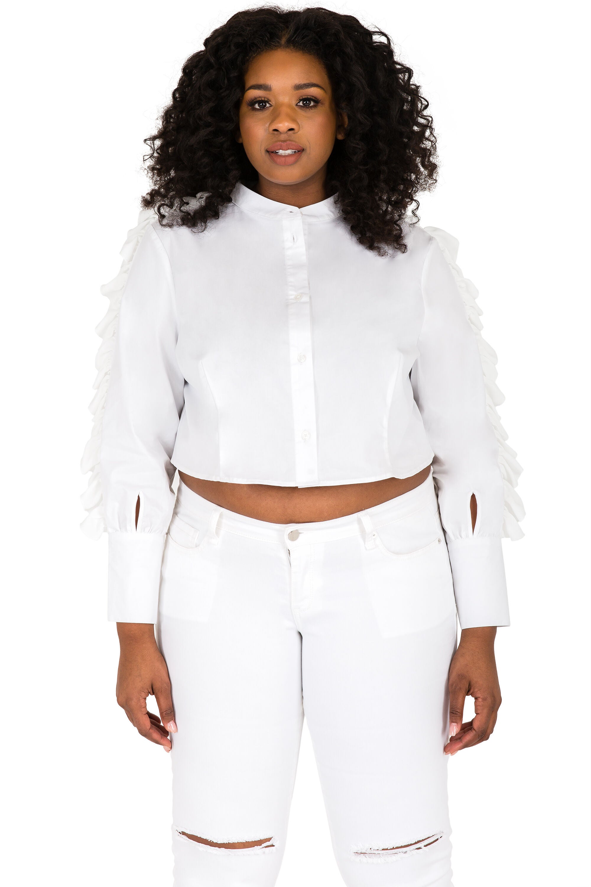 Plus Size Curvy Women's Ruffled Poplin Button-Up Shirts, White, hi-res image number 0