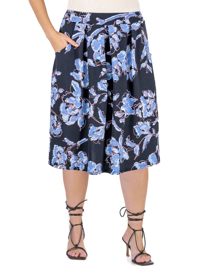 Black Floral Pleated Knee Length Plus Size Pocket Skirt, MultiColor, hi-res image number null