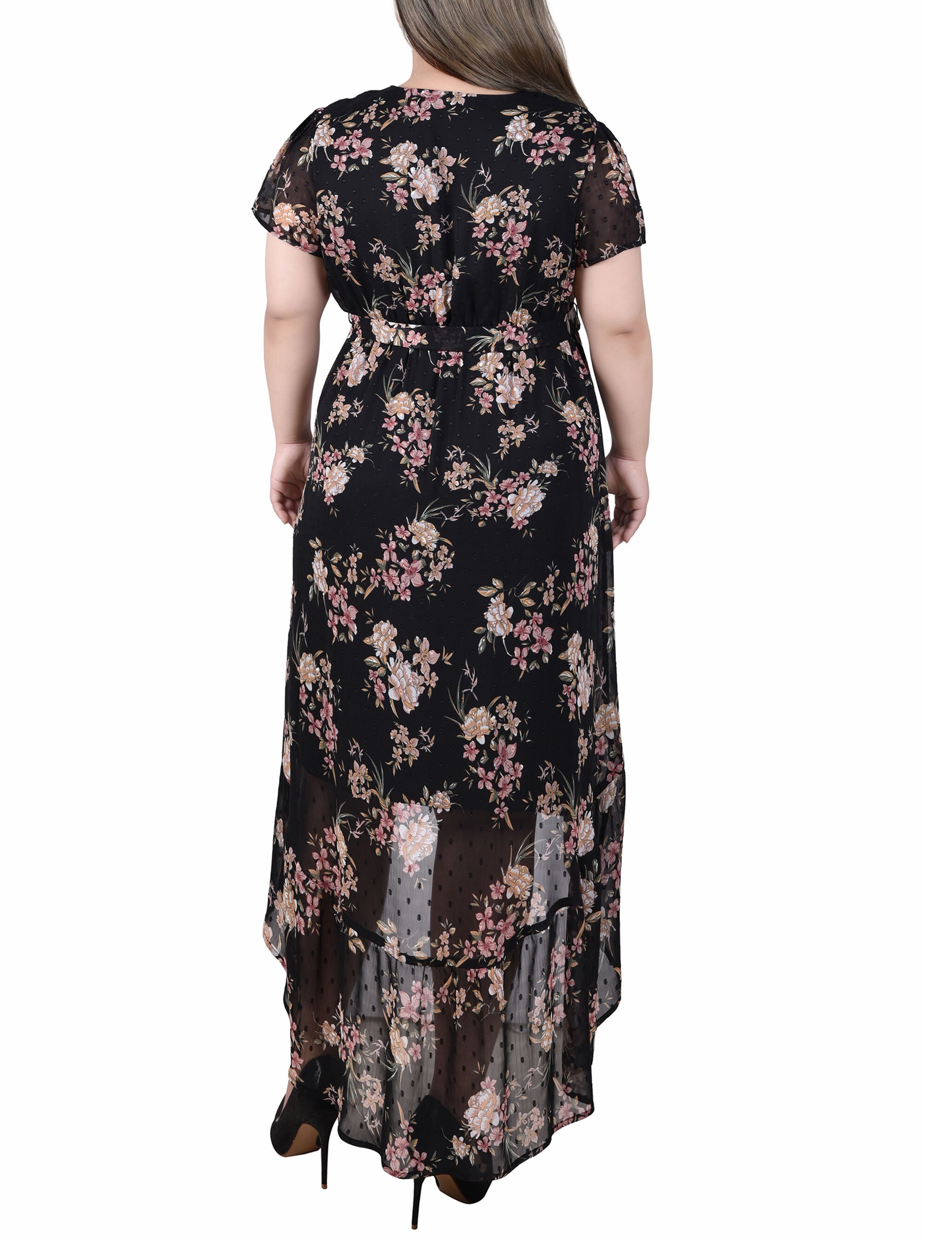 Short Sleeve Hankerchief Hem Chiffon Dress, Black Mauve Floral, alternate image number 2