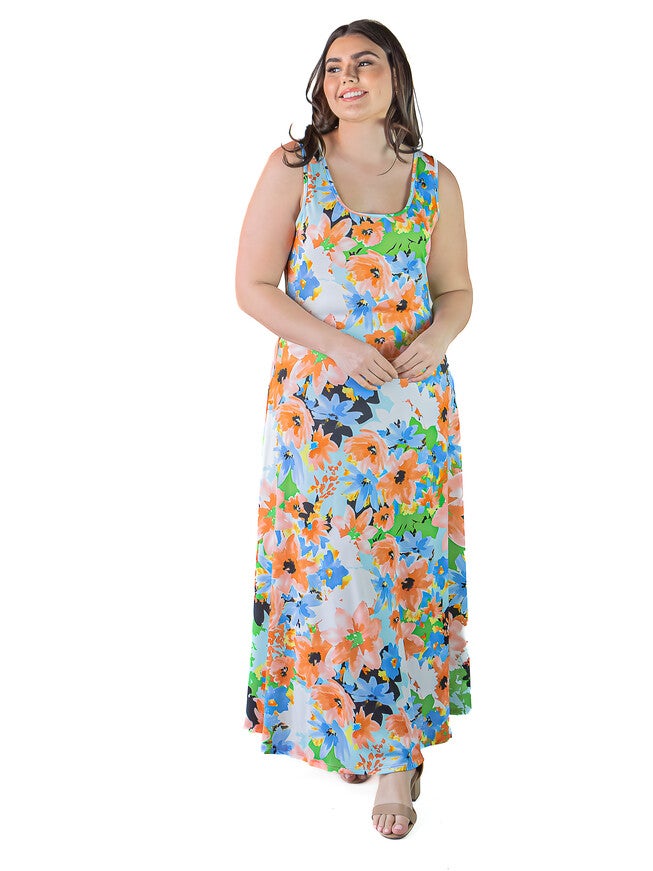 Plus Size Watercolor Floral Sleeveless Loose Long Casual Maxi Dress, , alternate image number 4