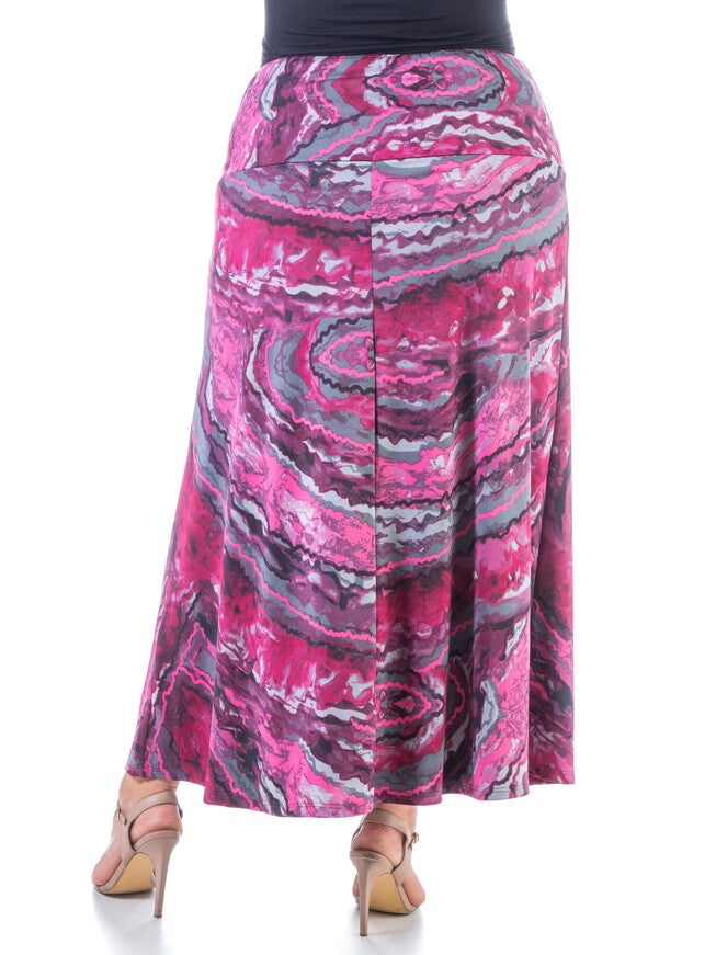 Pink Print Elastic Waist Ankle Length Plus Size Maxi Skirt, , alternate image number null