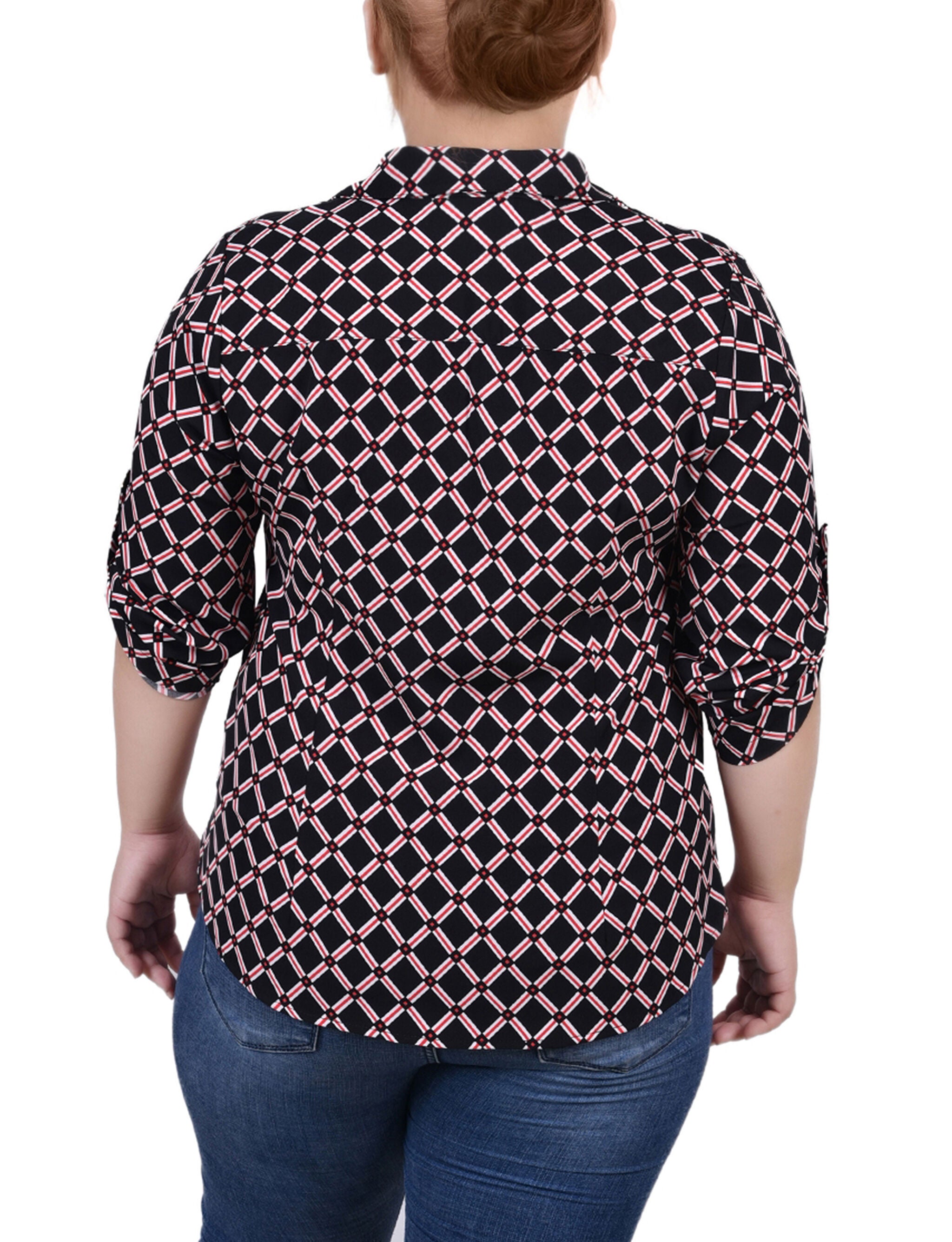 3/4 Roll Tab Sleeve Zip Front Top, Black Red Chain, alternate image number 2