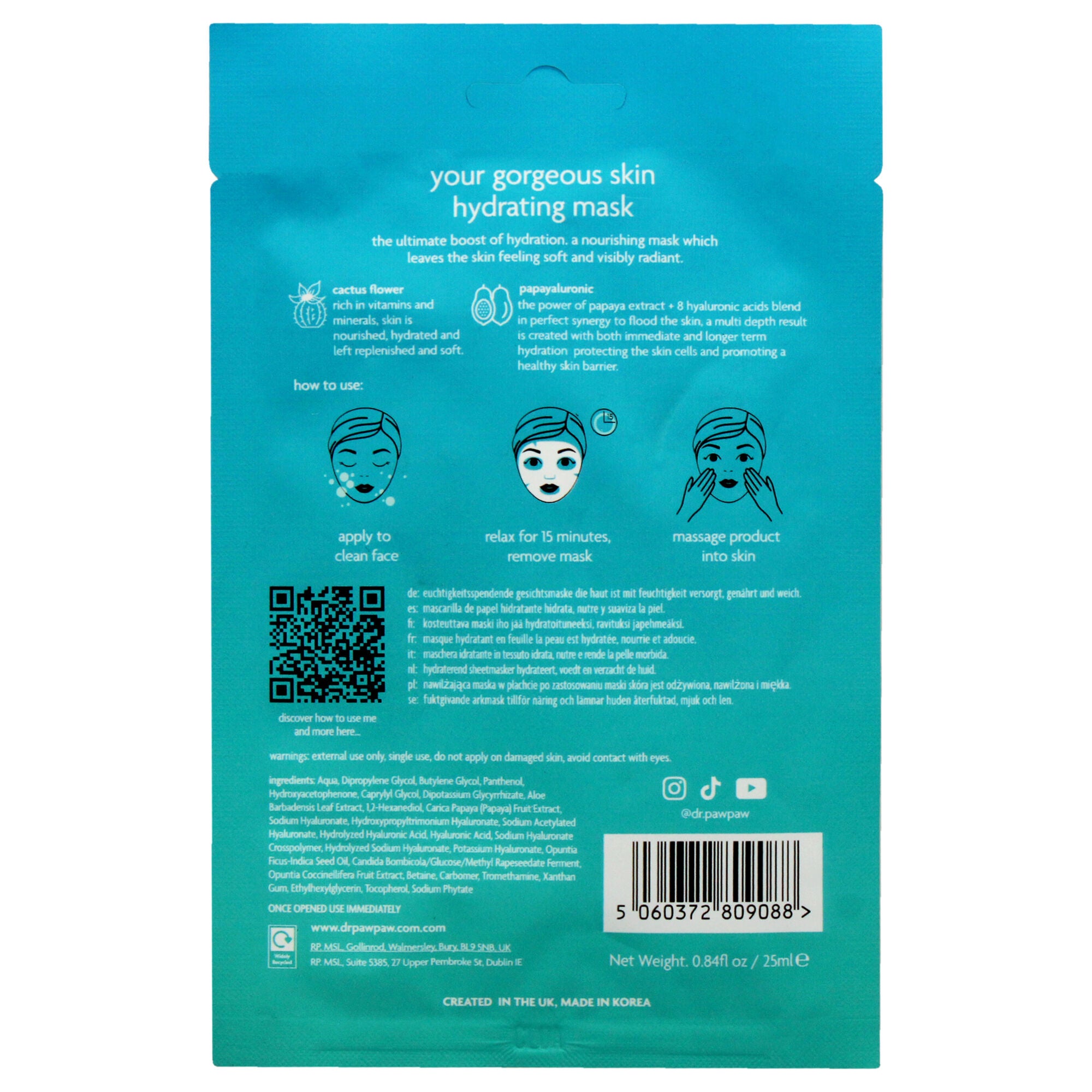 Your Gorgeous Skin Hydrating Sheet Mask by Dr. PawPaw for Unisex - 0.84 oz Mask, See Description, alternate image number 2