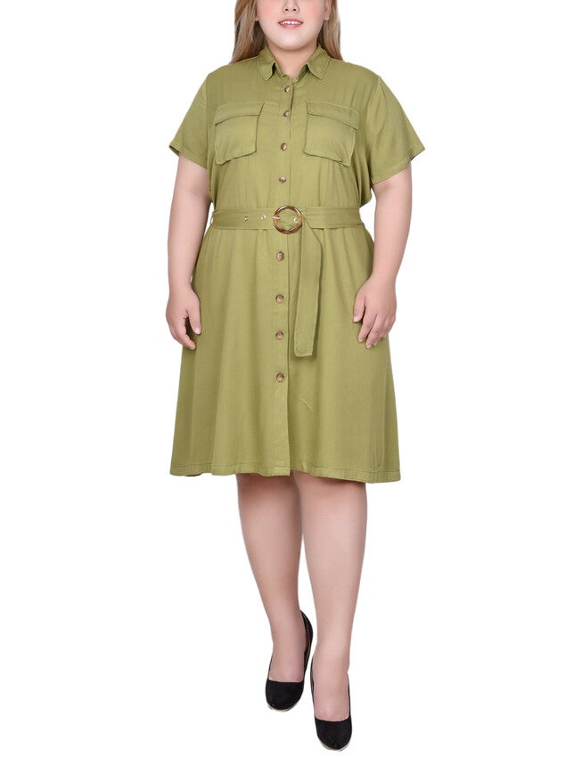 Short Sleeve Safari Style Dress, Olive Green, hi-res image number 0
