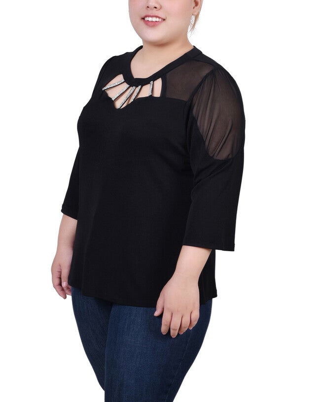 3/4 Sleeve Top With Neckline Cutouts and Stones, , alternate image number 4