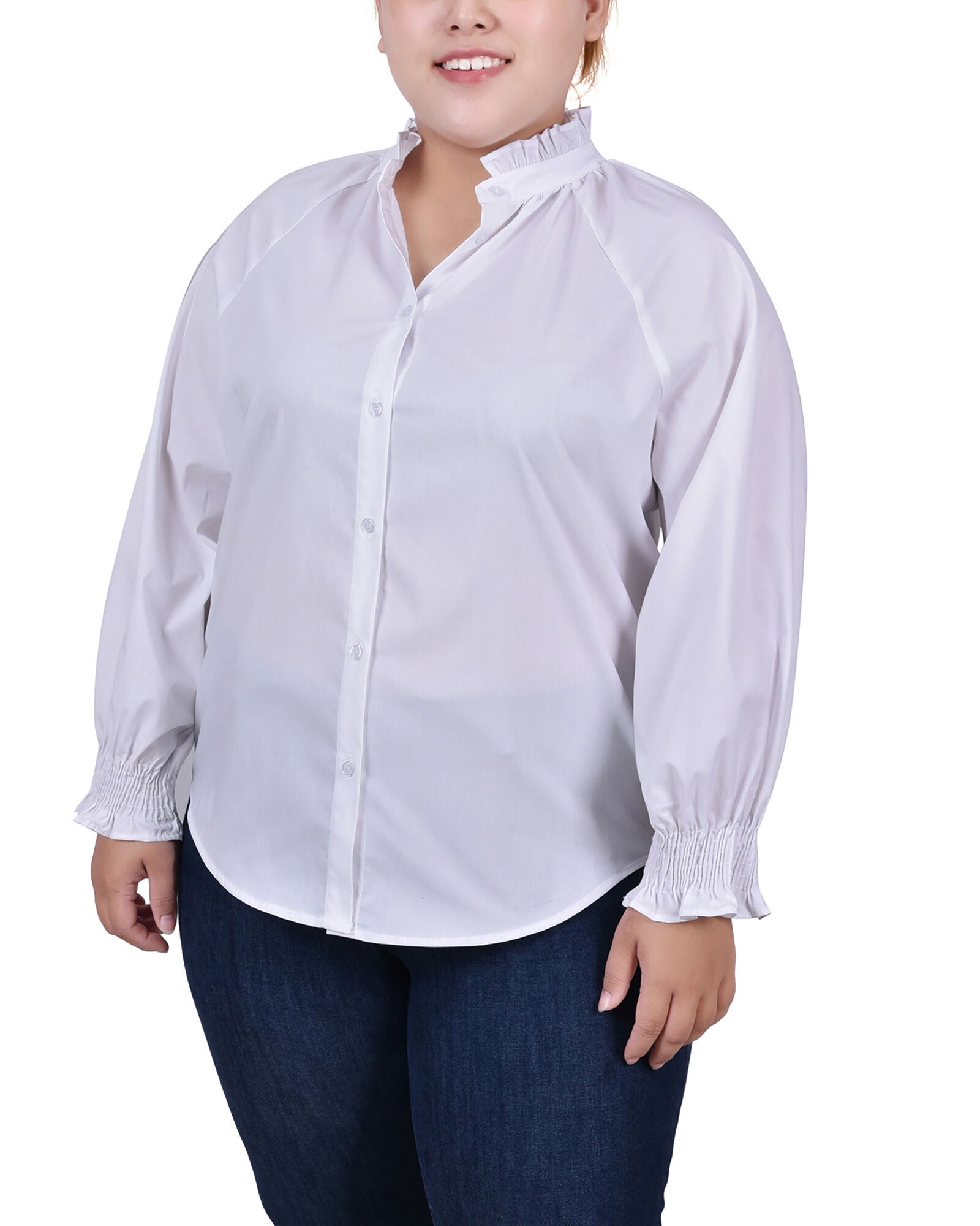 Long Sleeve Button Front Blouse, White, hi-res image number 0