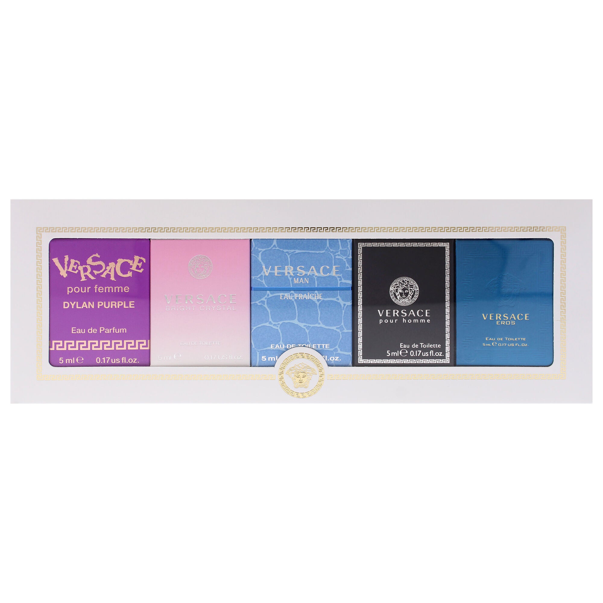 Versace Miniatures Collection by Versace for Unisex - 5 Pc Mini Gift Set 0.17oz Versace Dylan Purple EDP Splash, 0.17oz Versace Bright Crystal EDT Splash, 0.17oz Versace EDT Splash, 0.17oz Versace Pour Homme EDT Splash, 0.17oz Versace Eros EDT Splash, Clear, alternate image number 4