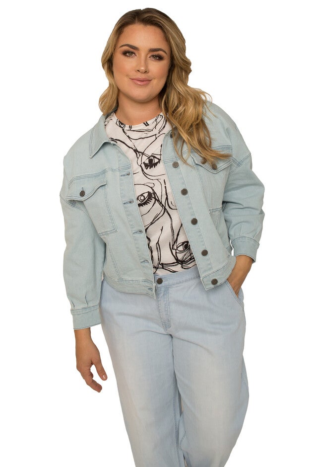 Plus Size Women's Easy Fit Denim Cropped Trucker Jacket, Bleach Blue, hi-res image number null