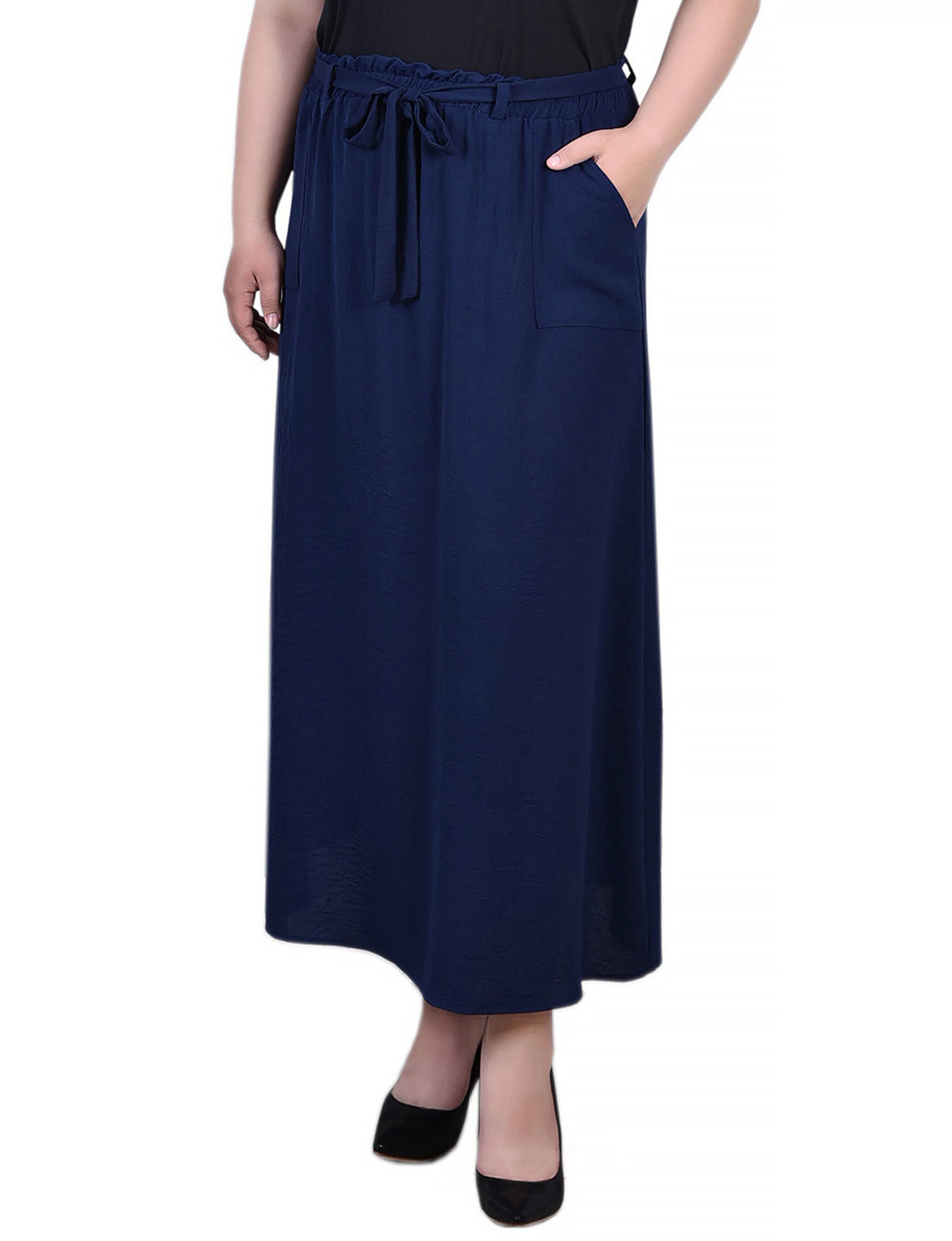 Ankle Length Belted A-Line Skirt, Navy, hi-res image number 0