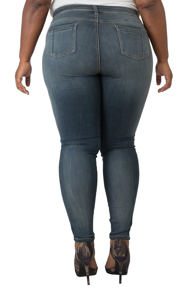 Plus Size Women's Curvy Fit Blue Vintage Wash Destroyed Jeans, , alternate image number null