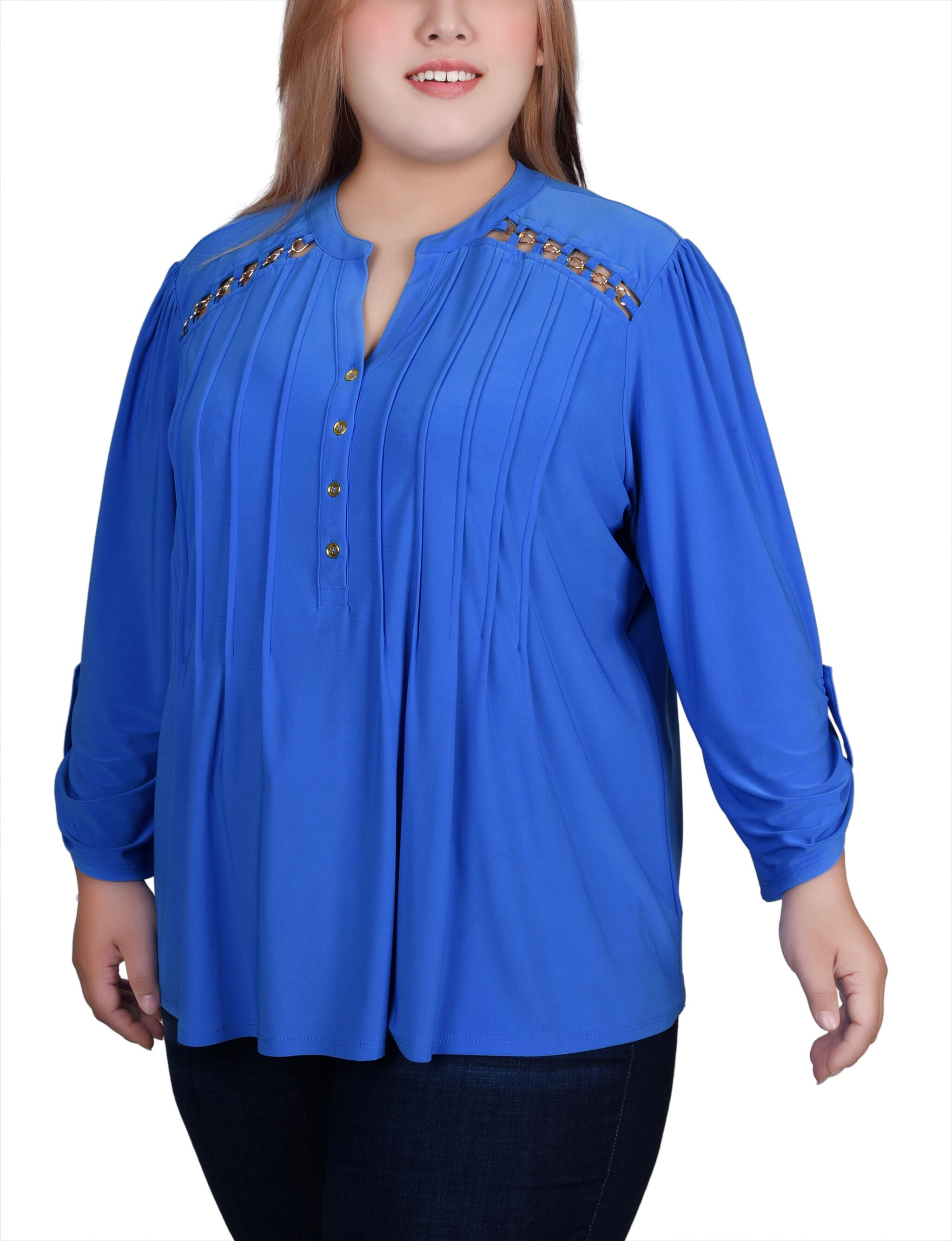 Long Sleeve Pintuck Front Top With Chain Details, Supersonic / blue, alternate image number 3