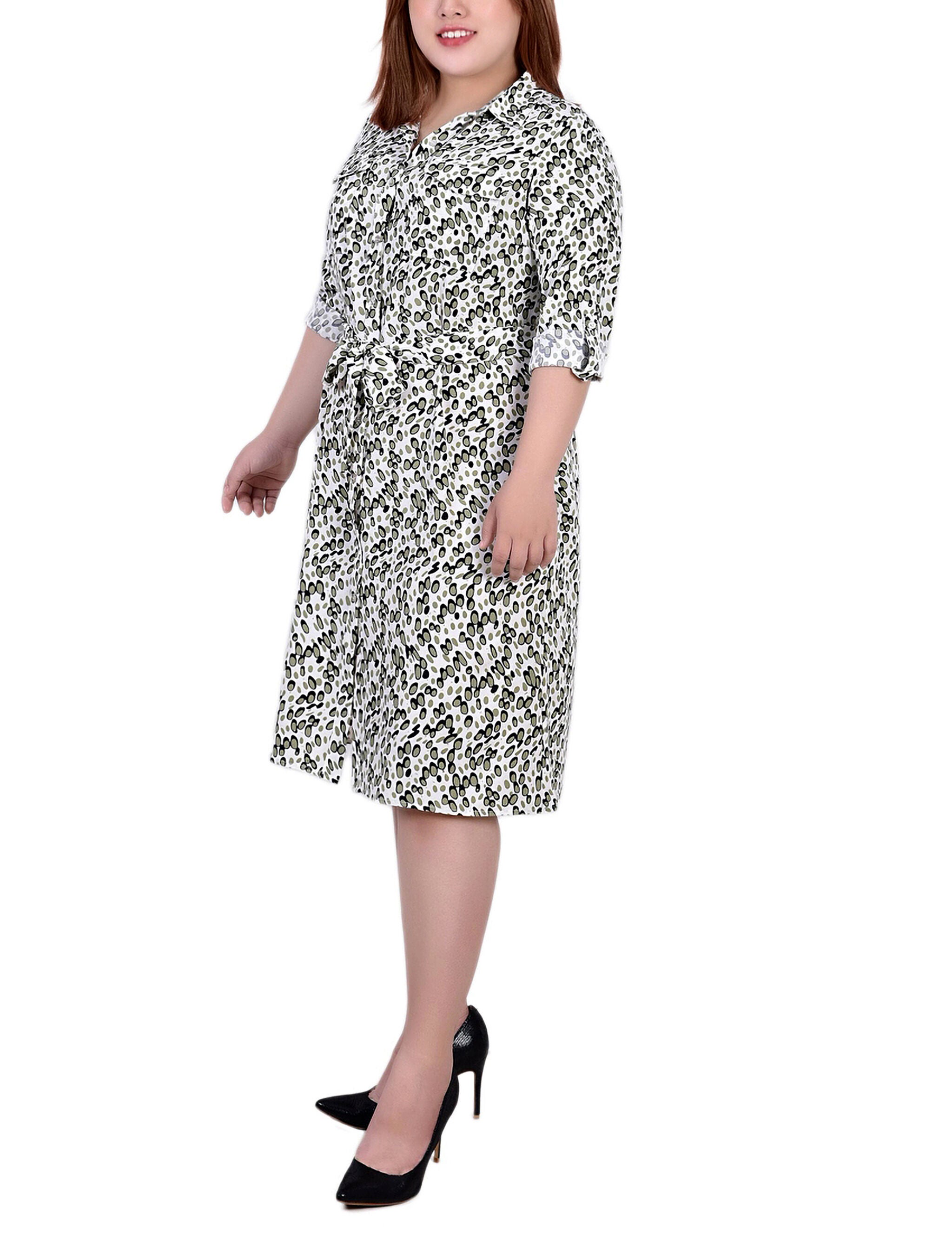 3/4 Roll Tab Sleeve Belted Shirtdress, Ivory Olive Cells, alternate image number 1