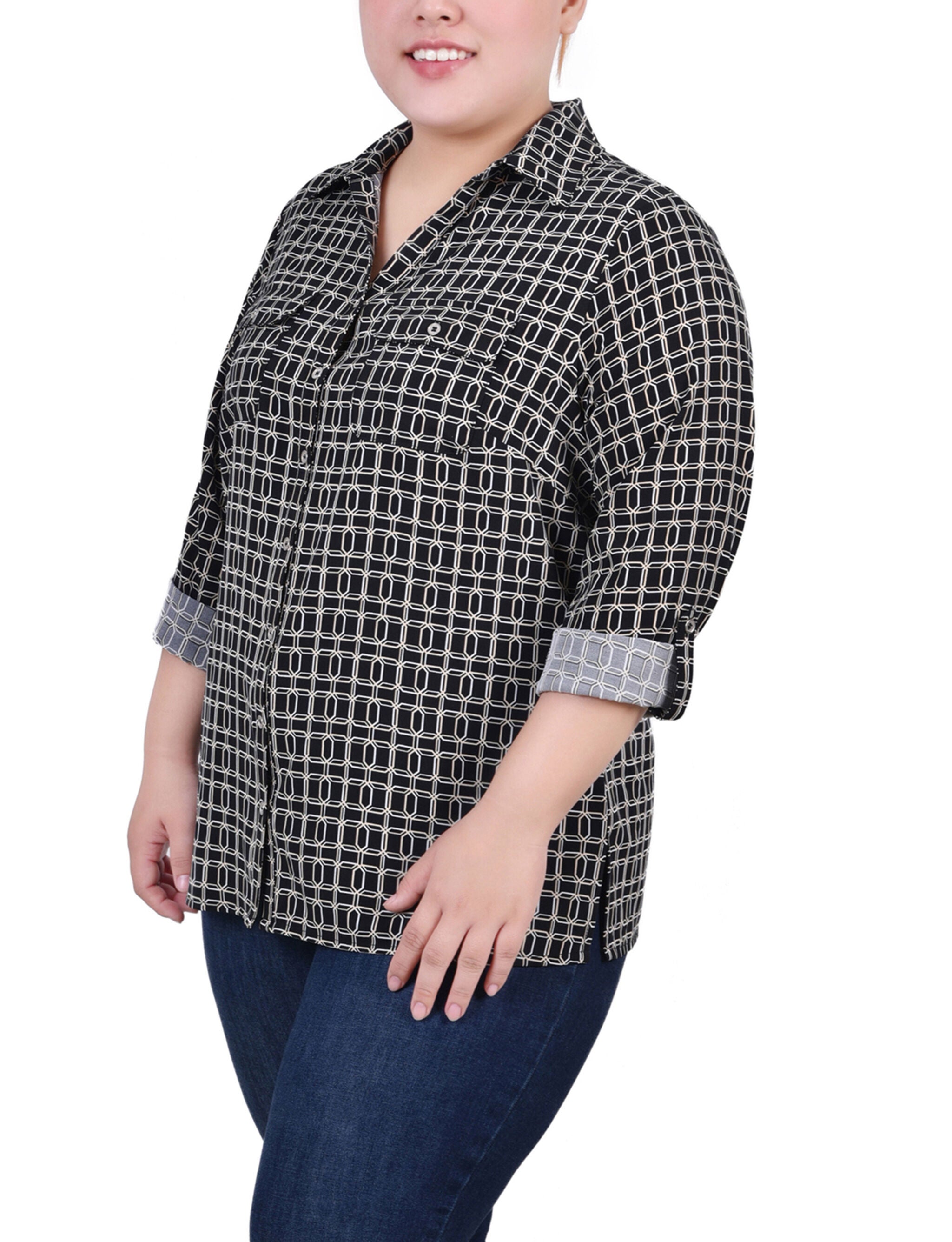 3/4 Roll Tab Blouse With Pockets, Black Gold Harlie, alternate image number 1