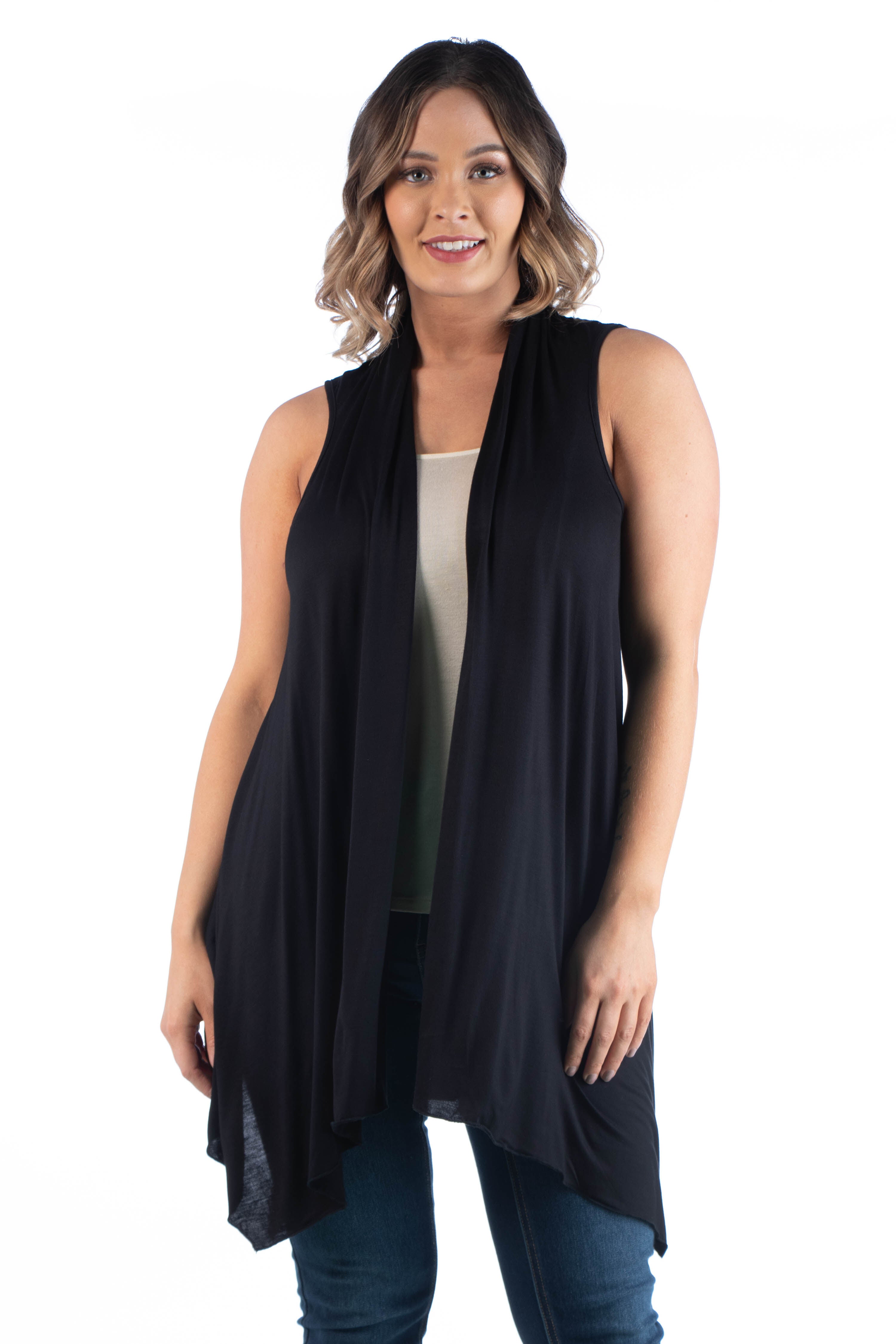 Plus Size Asymmetric Open Front Cardigan, Black, hi-res image number 0