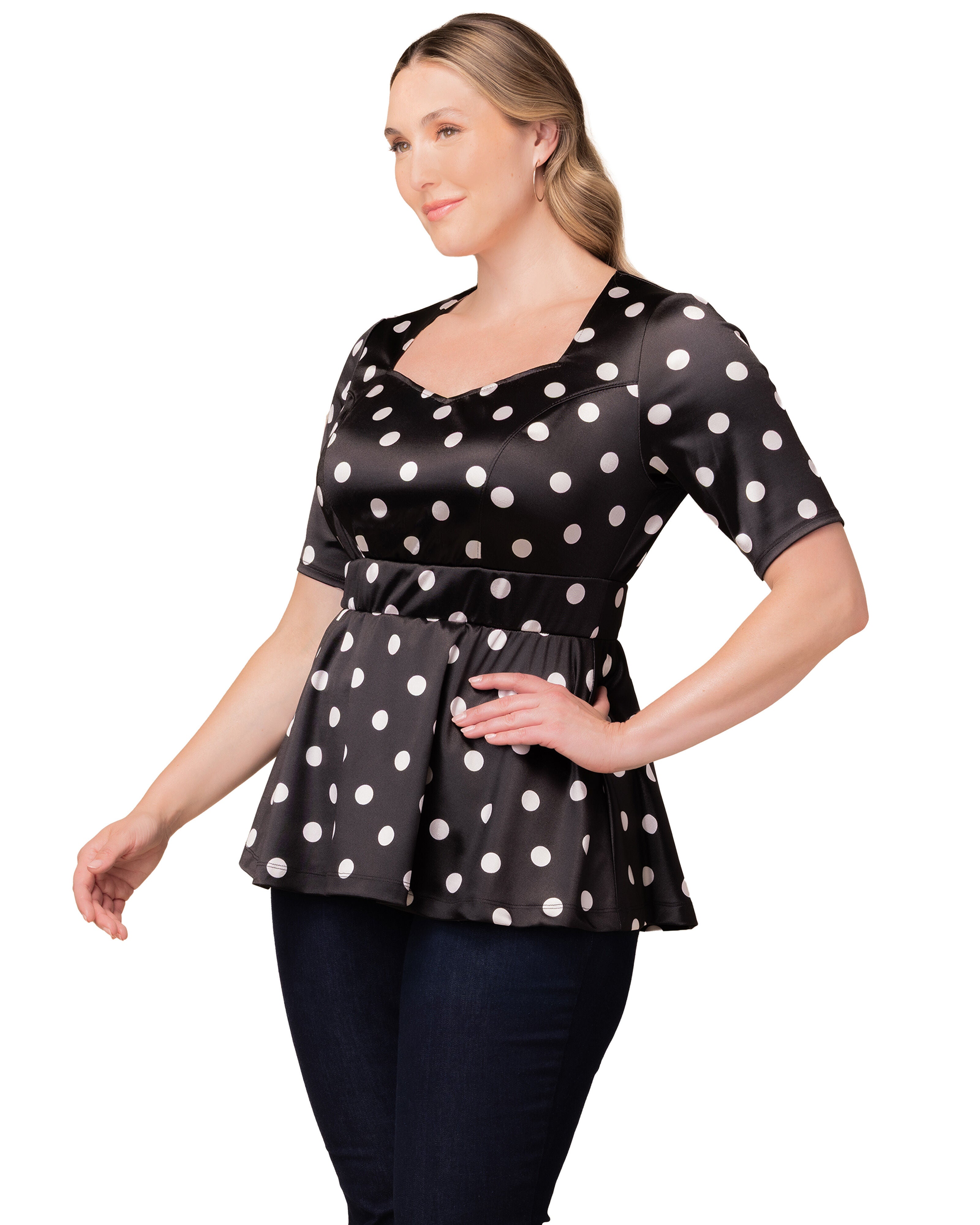 Posh Peplum Top, BLACK POLKA DOT / Black, alternate image number 3