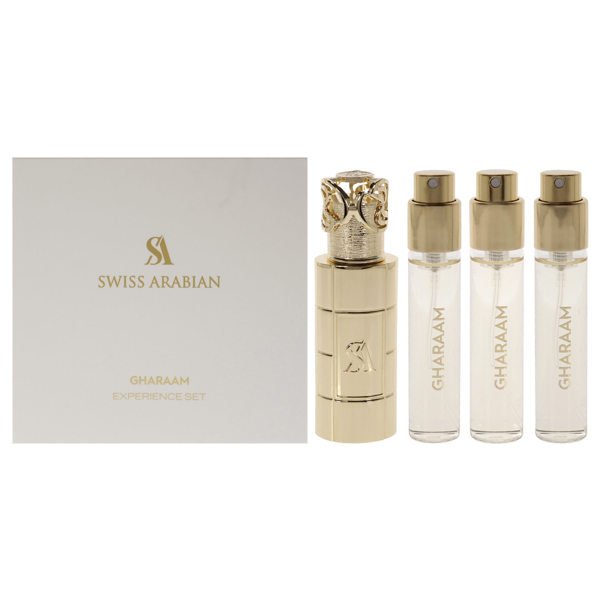 Gharaam by Swiss Arabian for Unisex - 4 Pc Mini Gift Set 3 x 10ml Perfume Spray, 1 Metal Case, See Description, hi-res image number 0