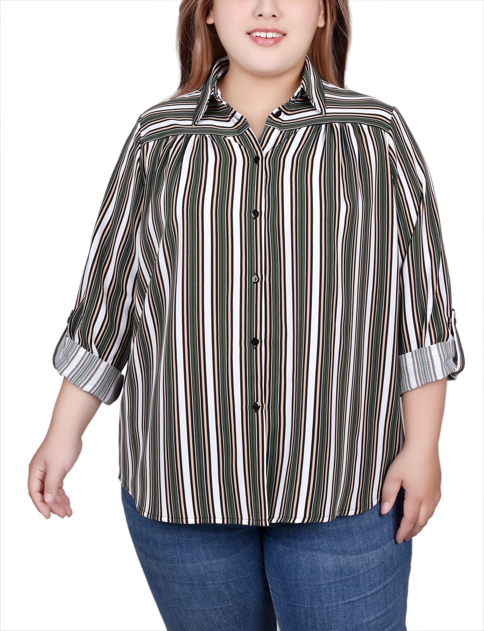 Black White Justin 3/4 Roll Tab Blouse With Pockets - Plus Size