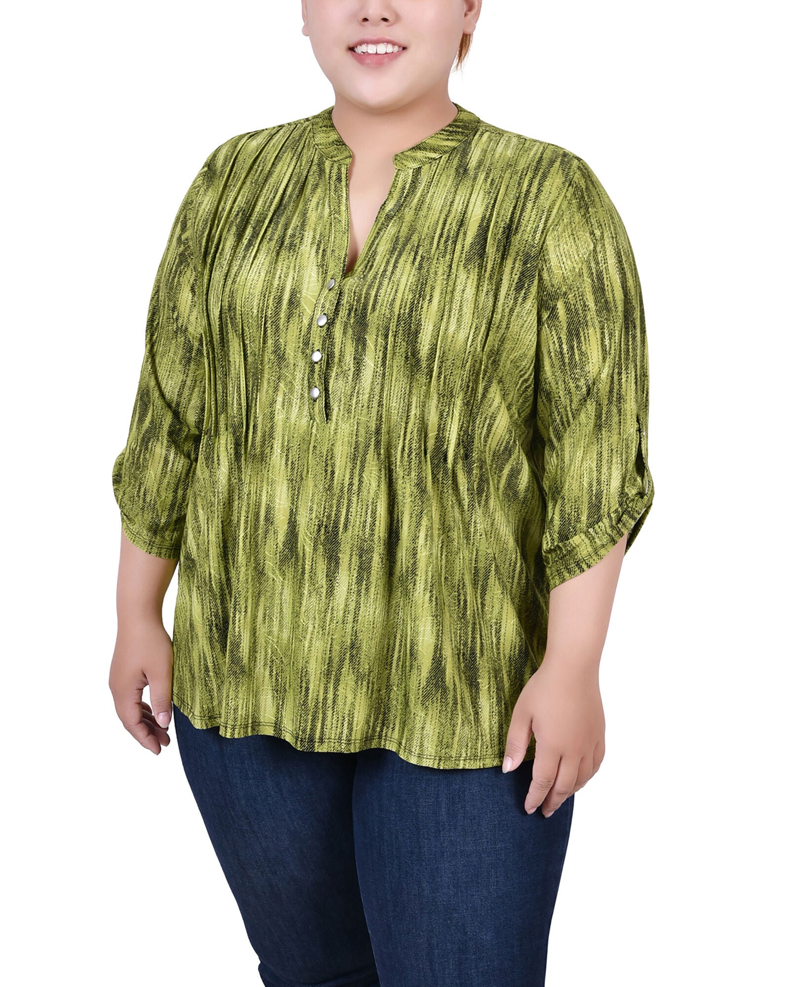 3/4 Roll Tab Sleeve Y Neck Top, Chartreuse, hi-res image number 0