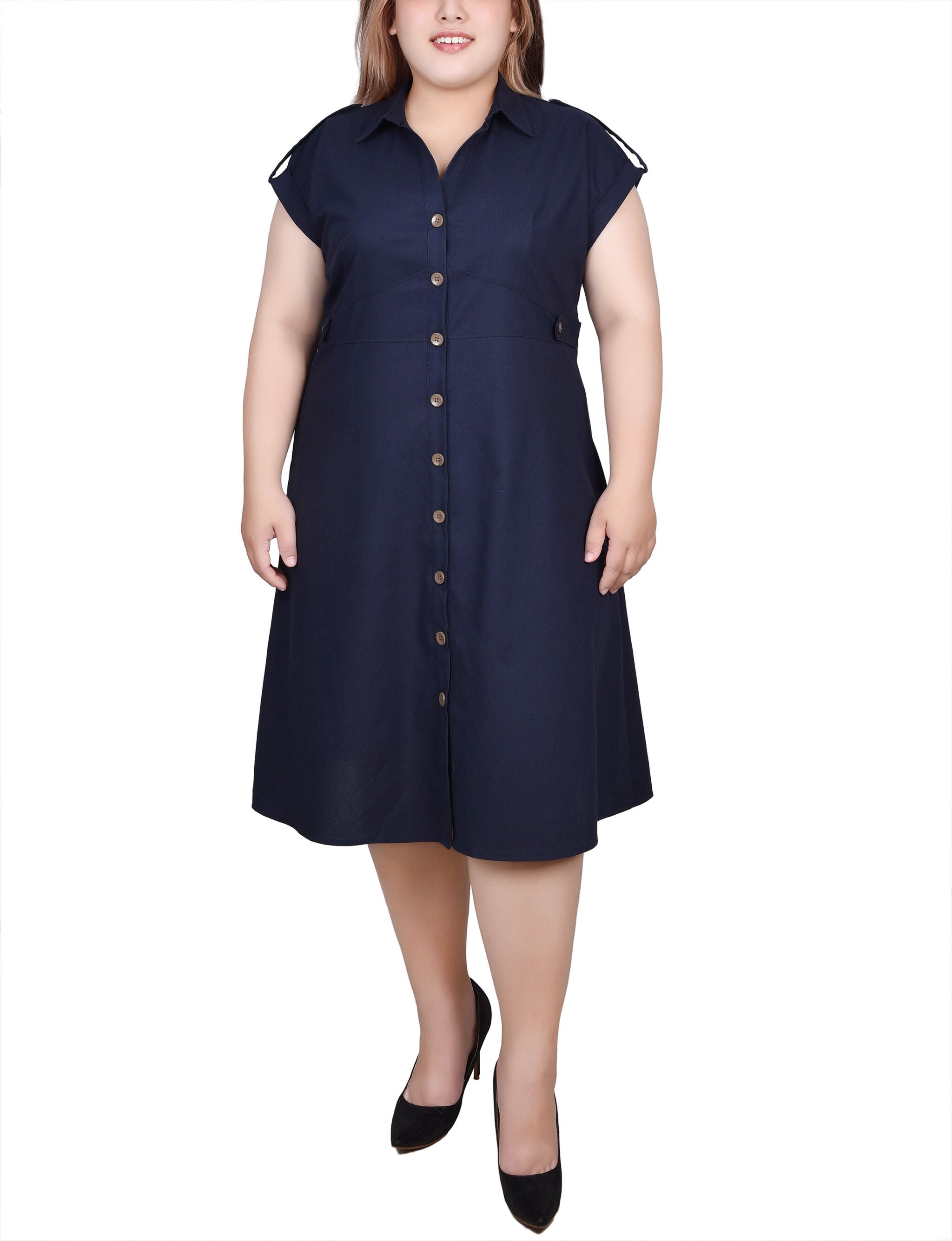 Short Sleeve Button Front Linen Dress, Navy, hi-res image number 0