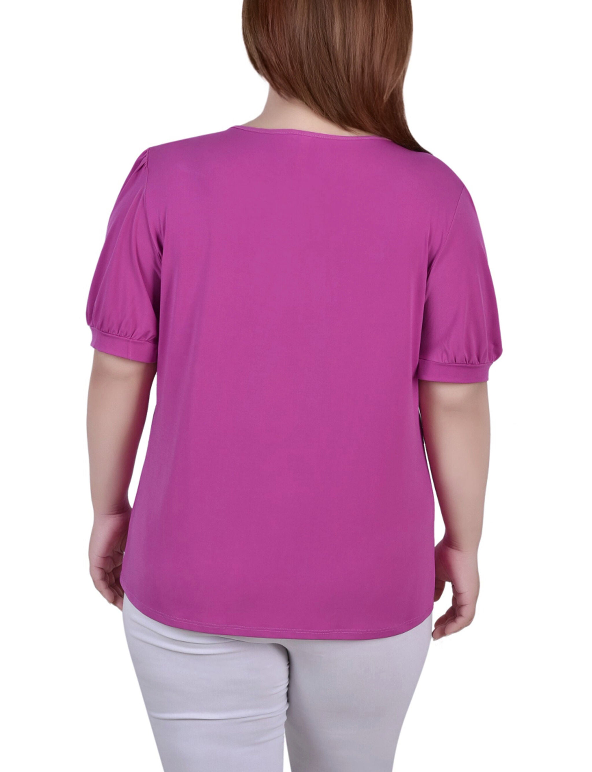 Short Sleeve Mesh Inset Top, Magenta, alternate image number 2
