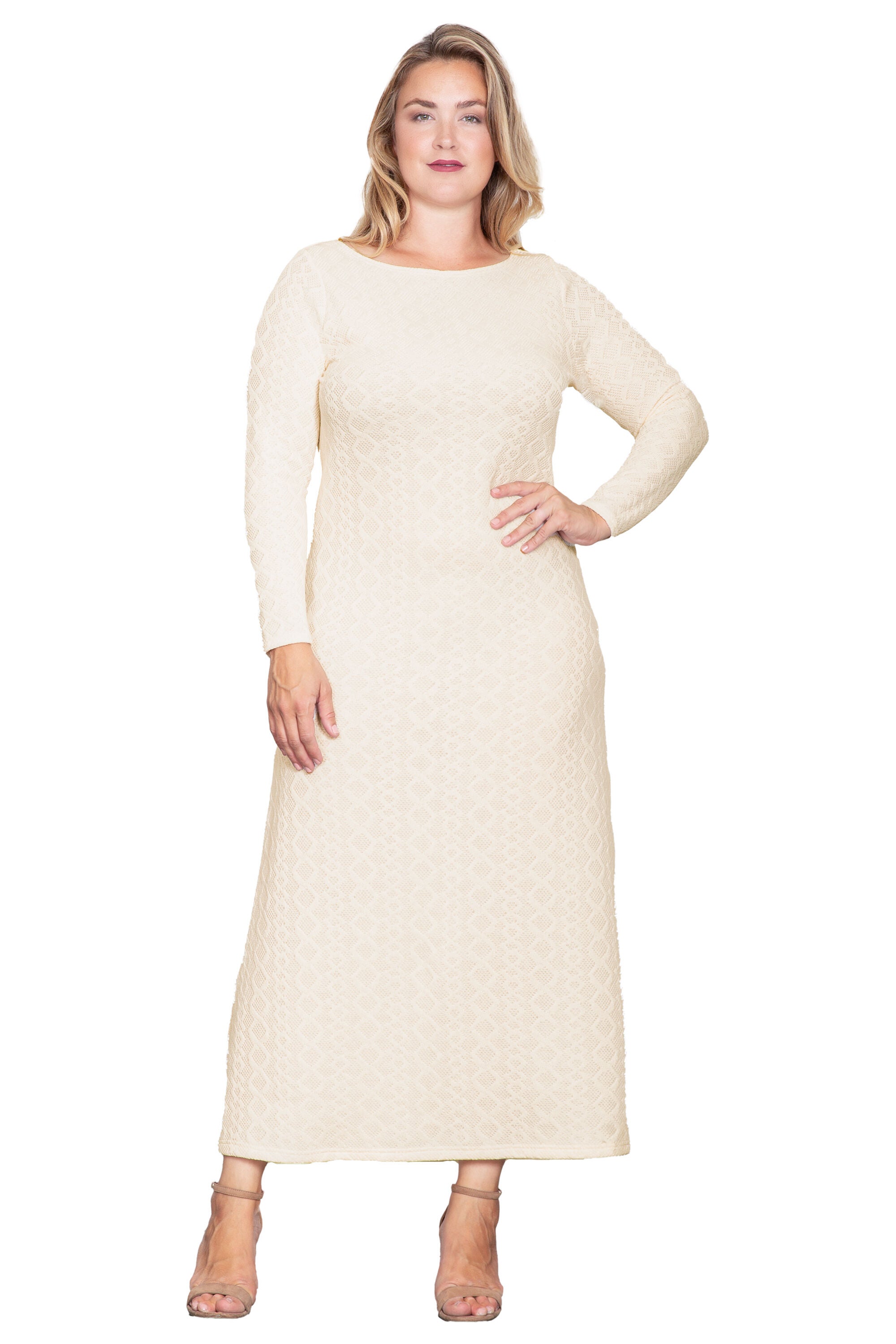 Ivory Knit Boat Neck Crochet Maxi Dress, Ivory / Ivory, alternate image number 3
