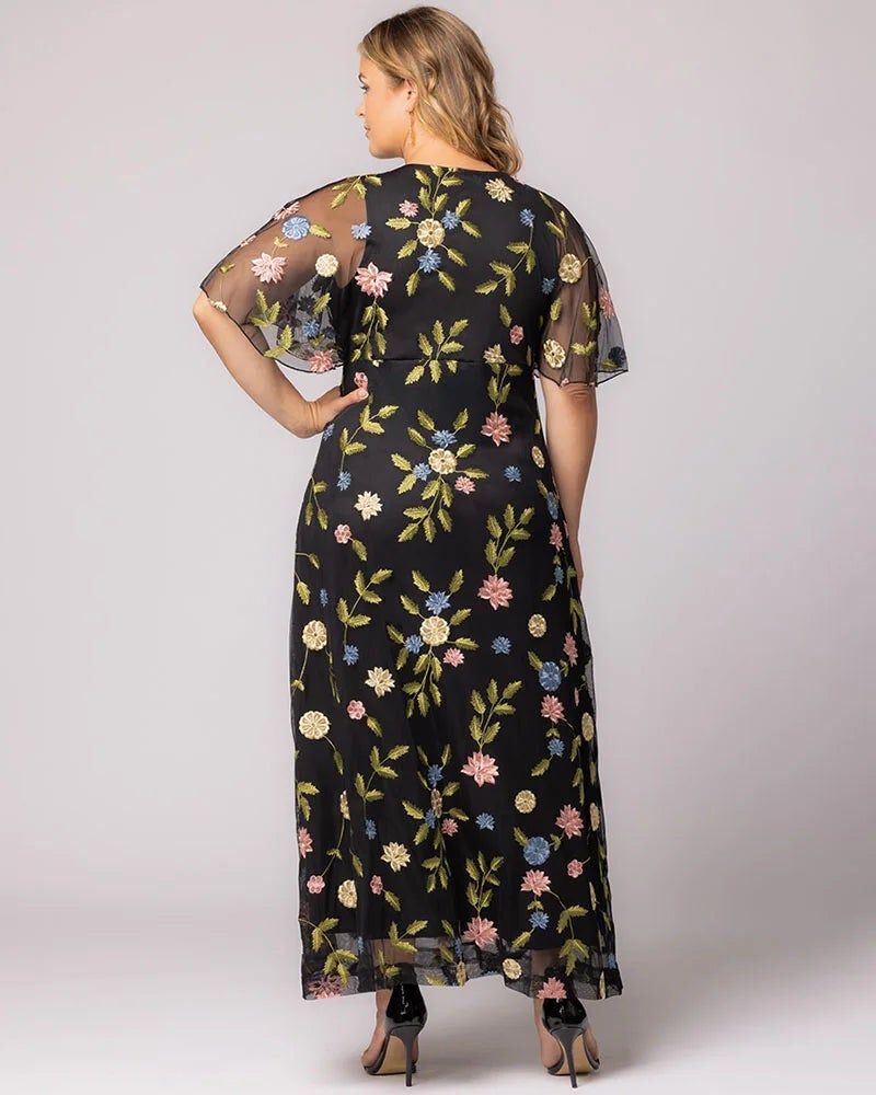 Embroidered Elegance Evening Gown, Black Blossom Print / Pink, alternate image number 1