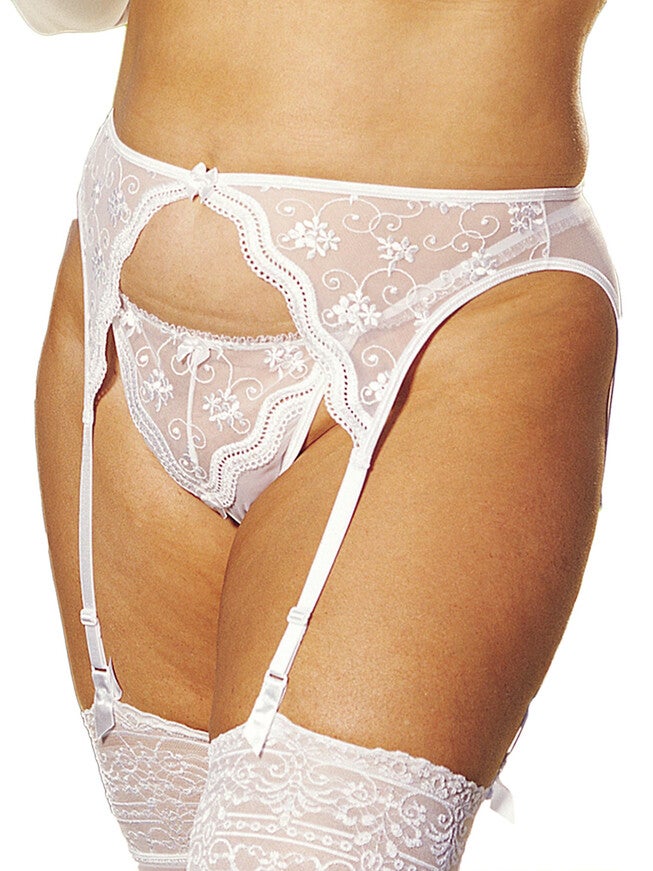 Scalloped Embroidered Garter Belt, White, hi-res image number 0