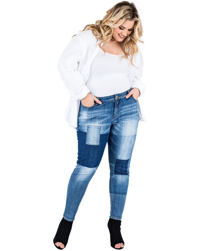 Plus Size Isabel Patchwork Indigo Stretch Jeans, Blue / Medium Wash, hi-res image number null