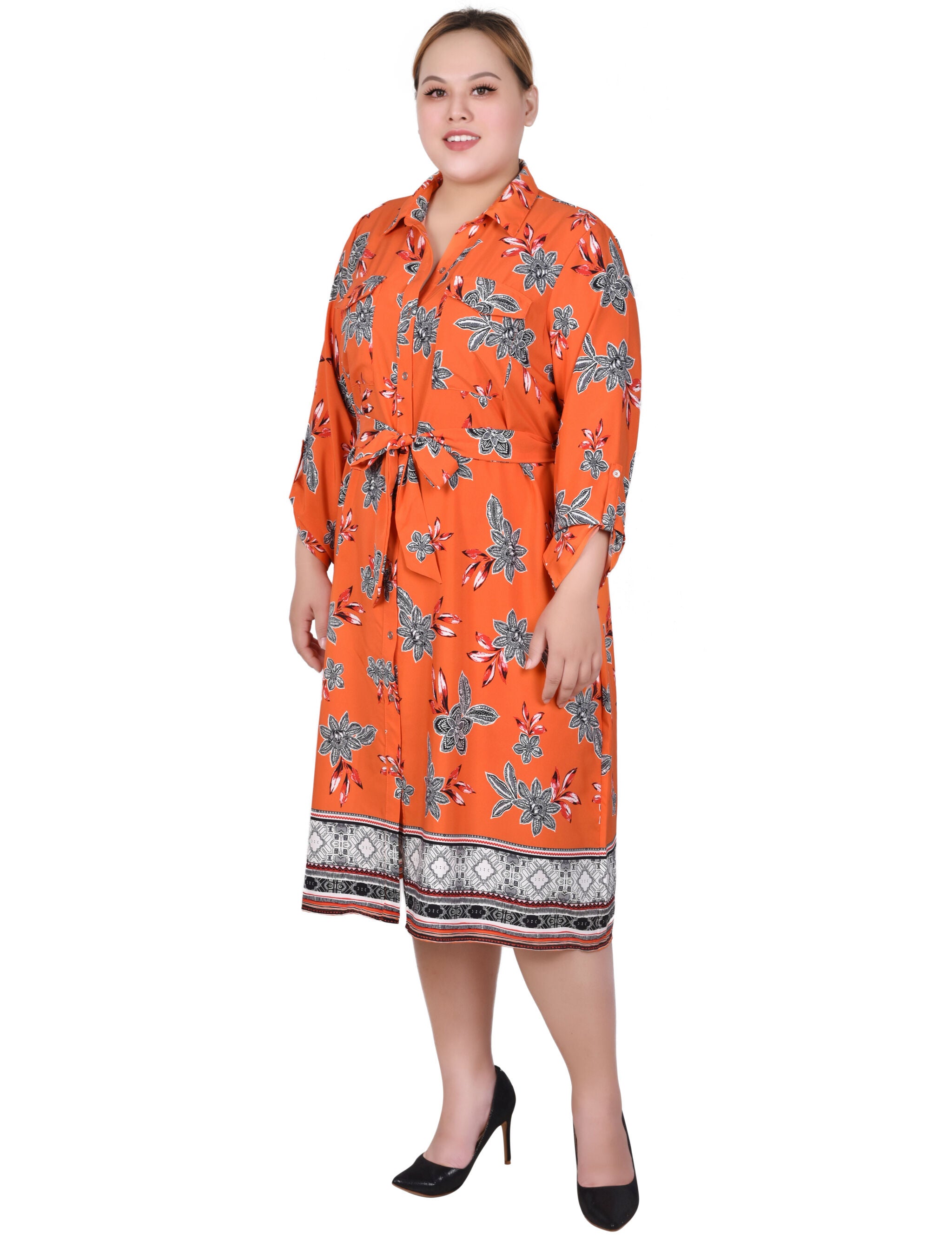 3/4 Roll Tab Sleeve Belted Shirtdress, , alternate image number 4