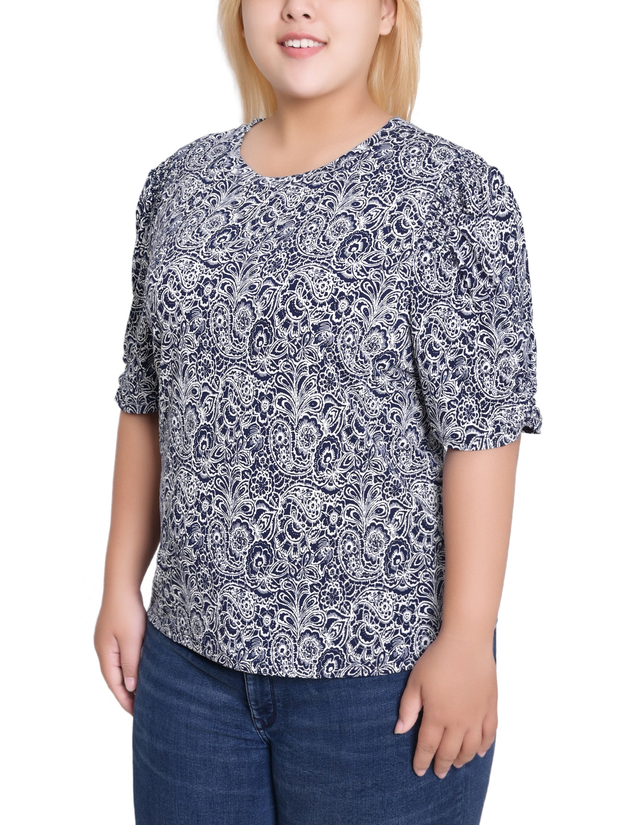 Short Sleeve Scoop Neck Top, Navy Paisley, alternate image number 1