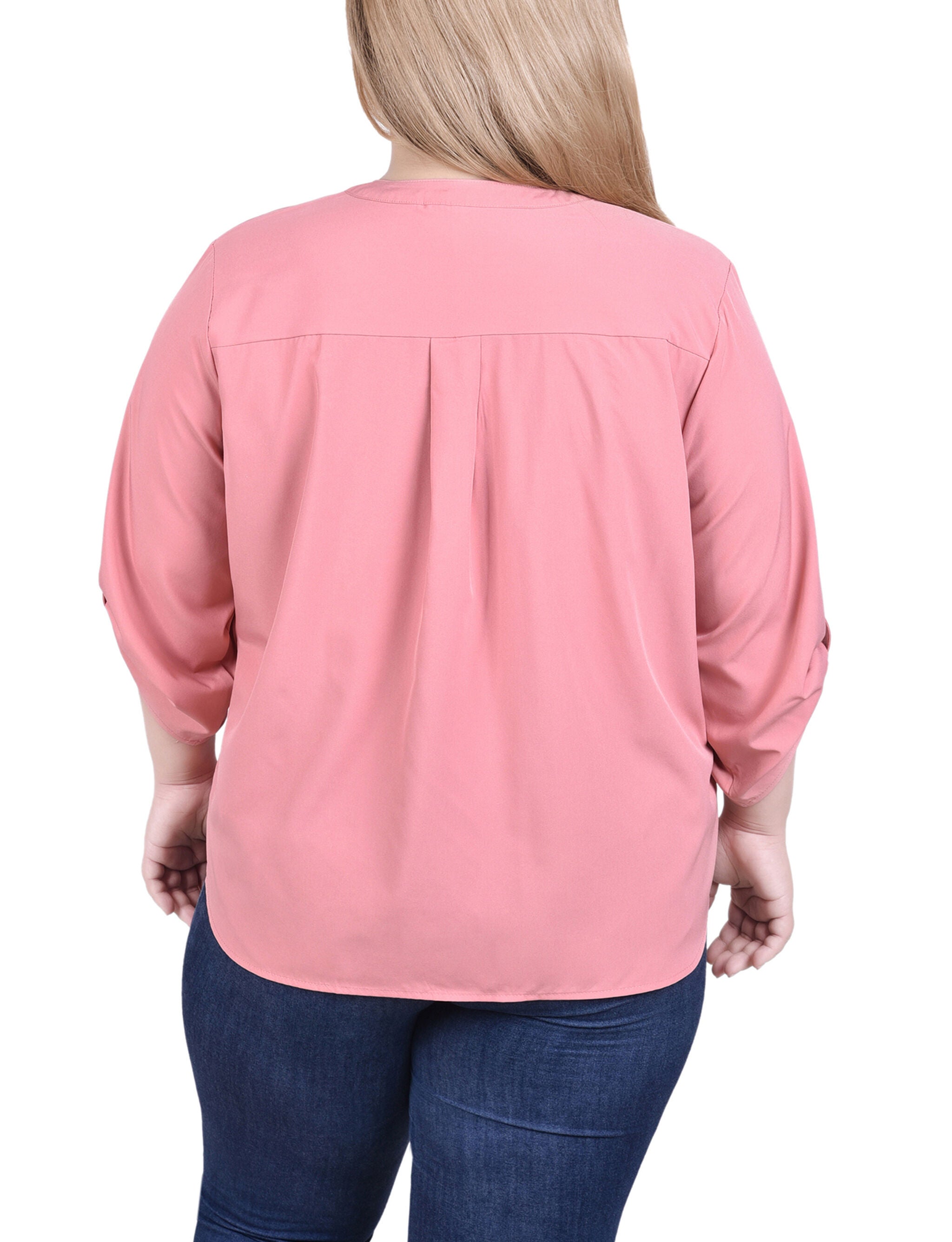 3/4 Tabbed Sleeve Y Neck Blouse, Dusty Rose, alternate image number 2