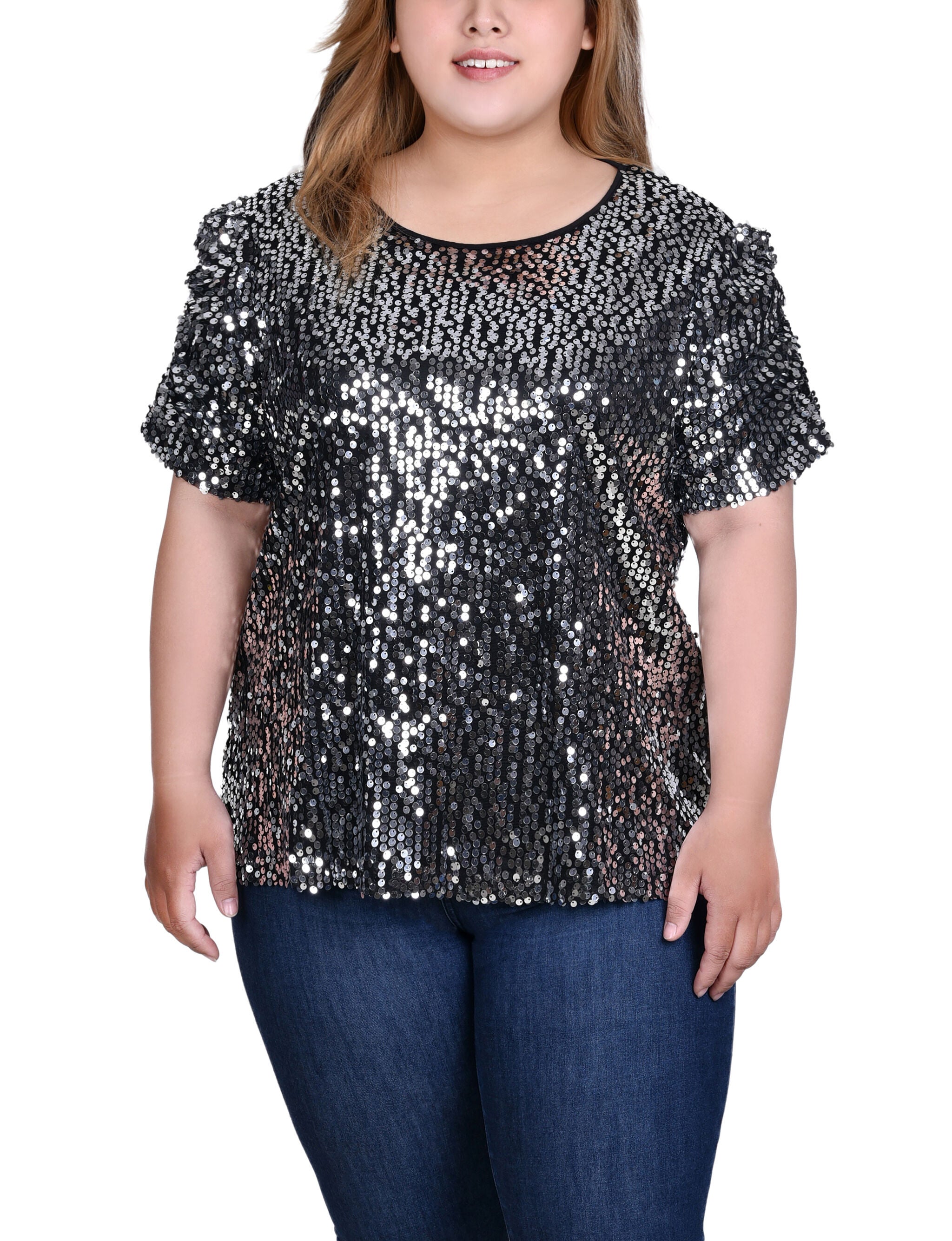 Short Sleeve Sequined Top, Silver, hi-res image number 0