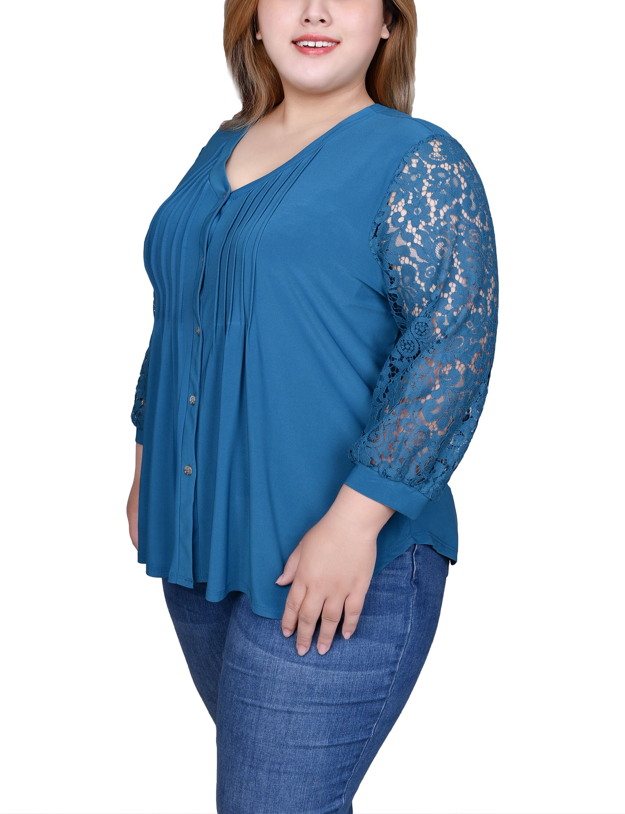 Lace-Sleeve V Neck Top, Corsair, alternate image number 2